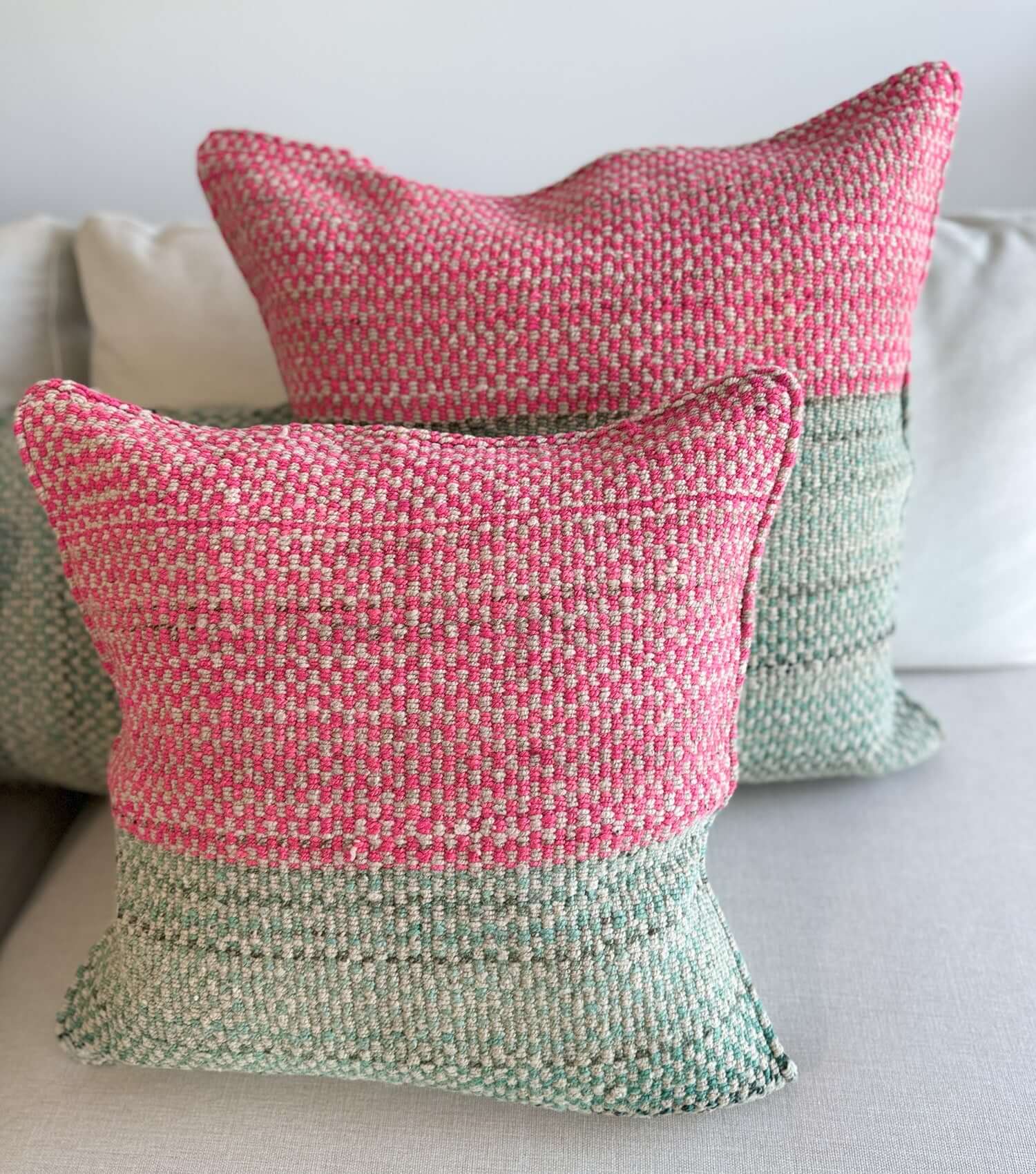 Decorative square pillow 50x50 No.2 styled on sofa showing ethnic pattern and luxury wool texture