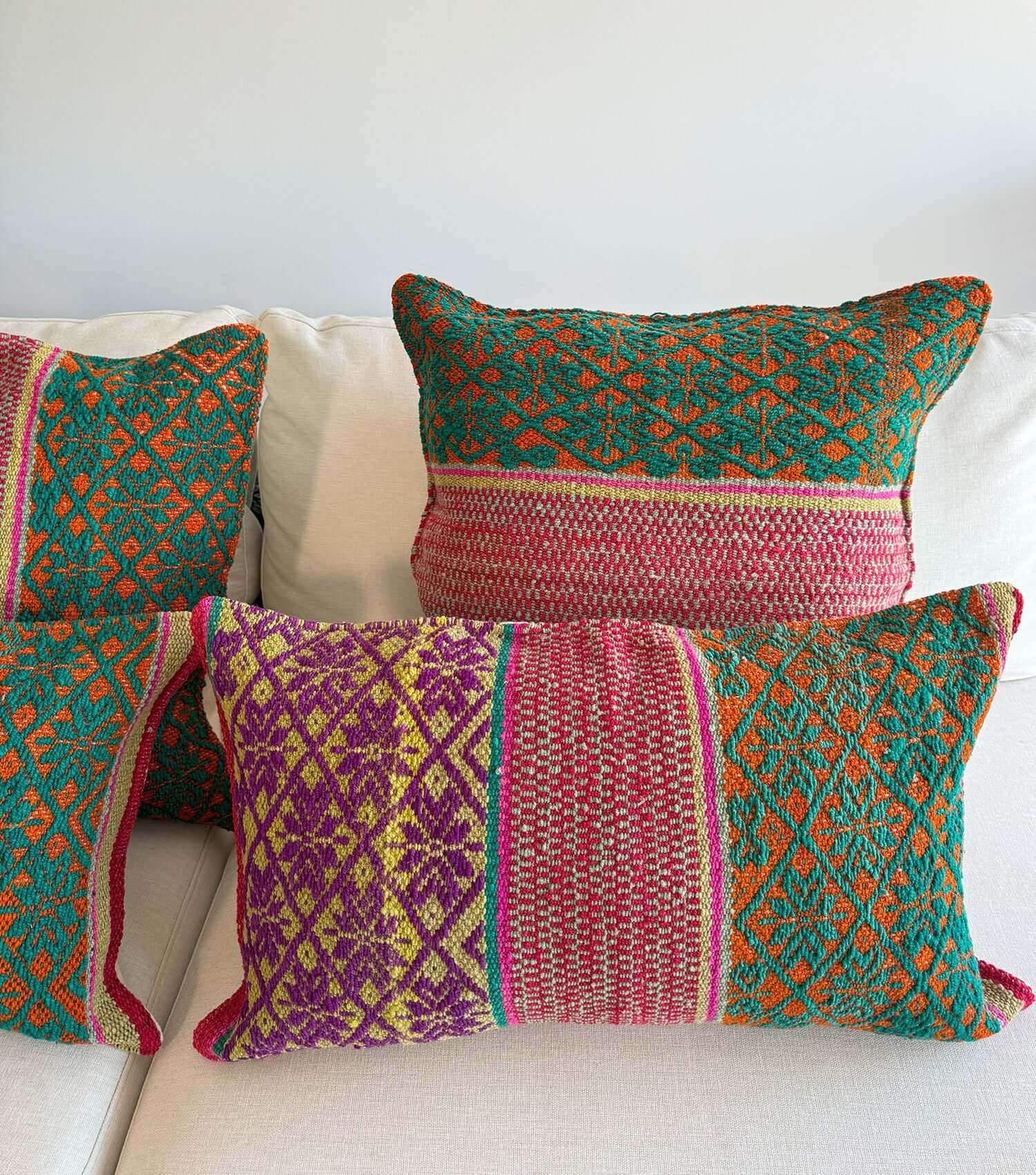 Handwoven rectangular throw pillow 50x30 No.3 with feather insert - bohemian wool cushion for couch or bed