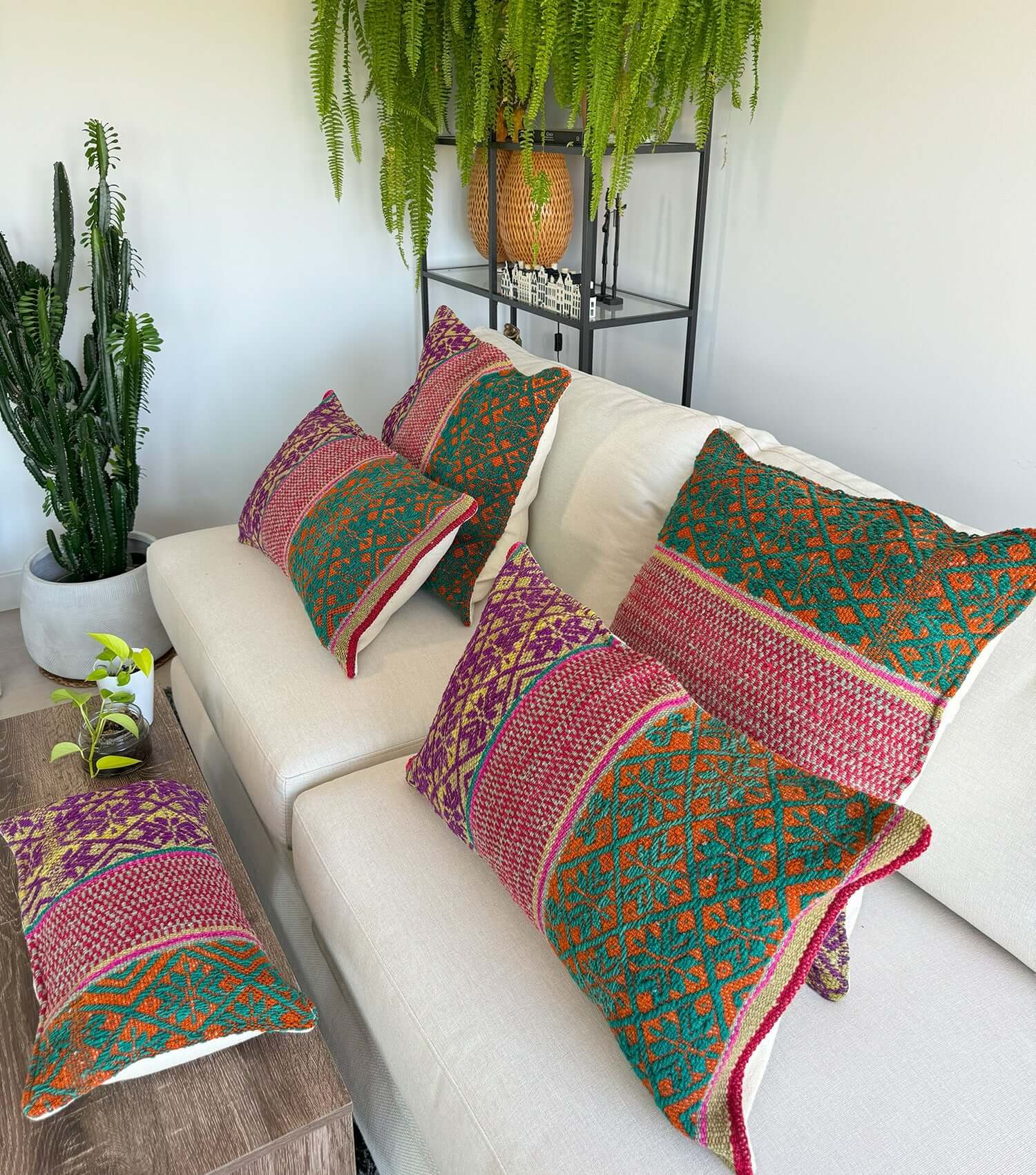 Decorative rectangular pillow 50x30 No.3 styled on sofa showing ethnic pattern and luxury wool texture