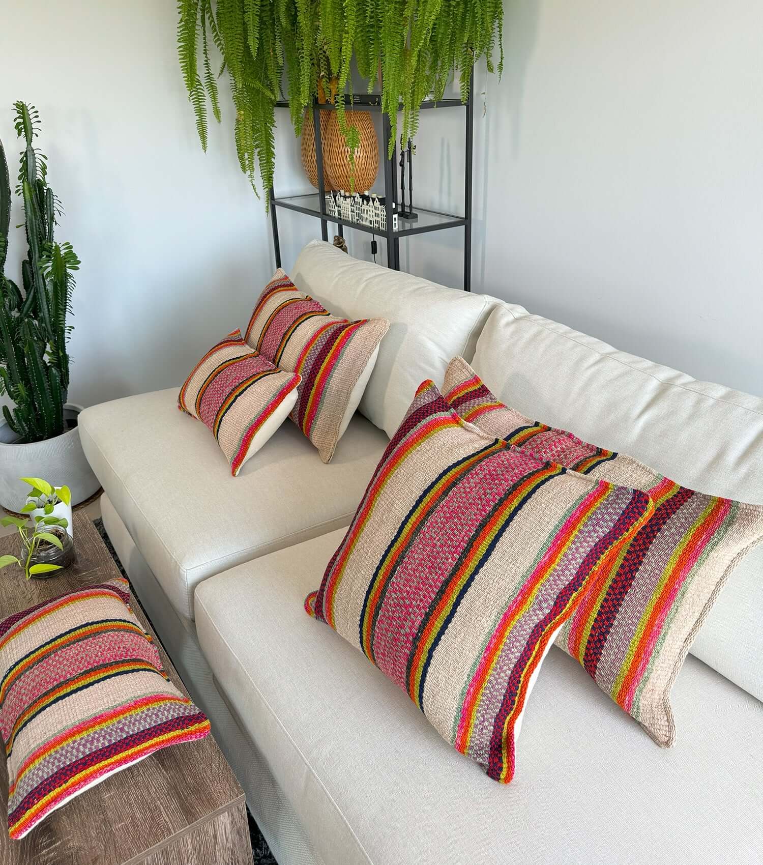 Decorative rectangular pillow 50x30 No.4 styled on sofa showing ethnic pattern and luxury wool texture