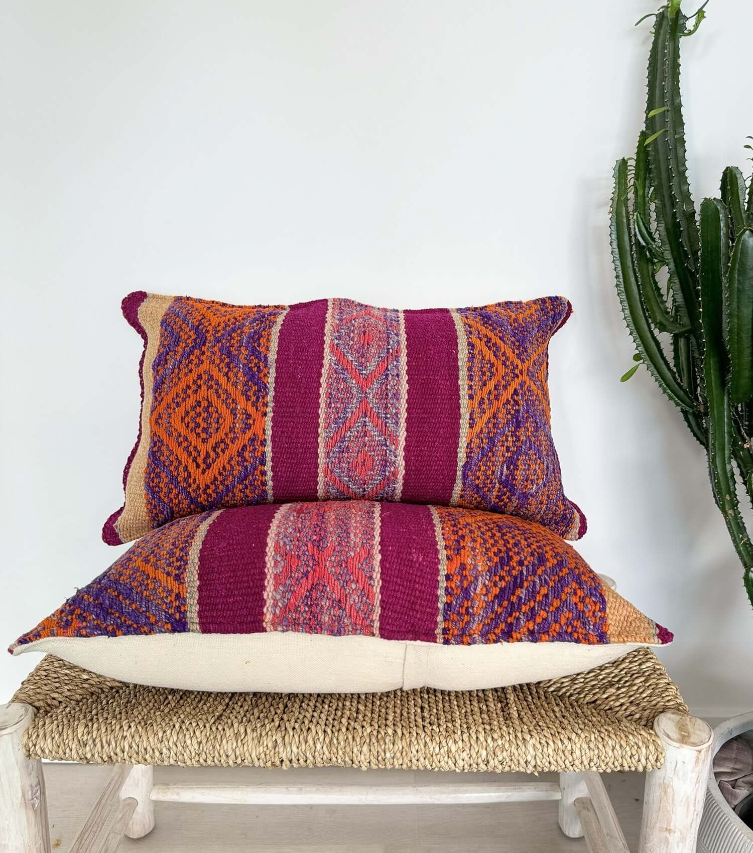 Handwoven rectangular throw pillow 70x40 No.6 with microblend insert - bohemian wool cushion for couch or bed