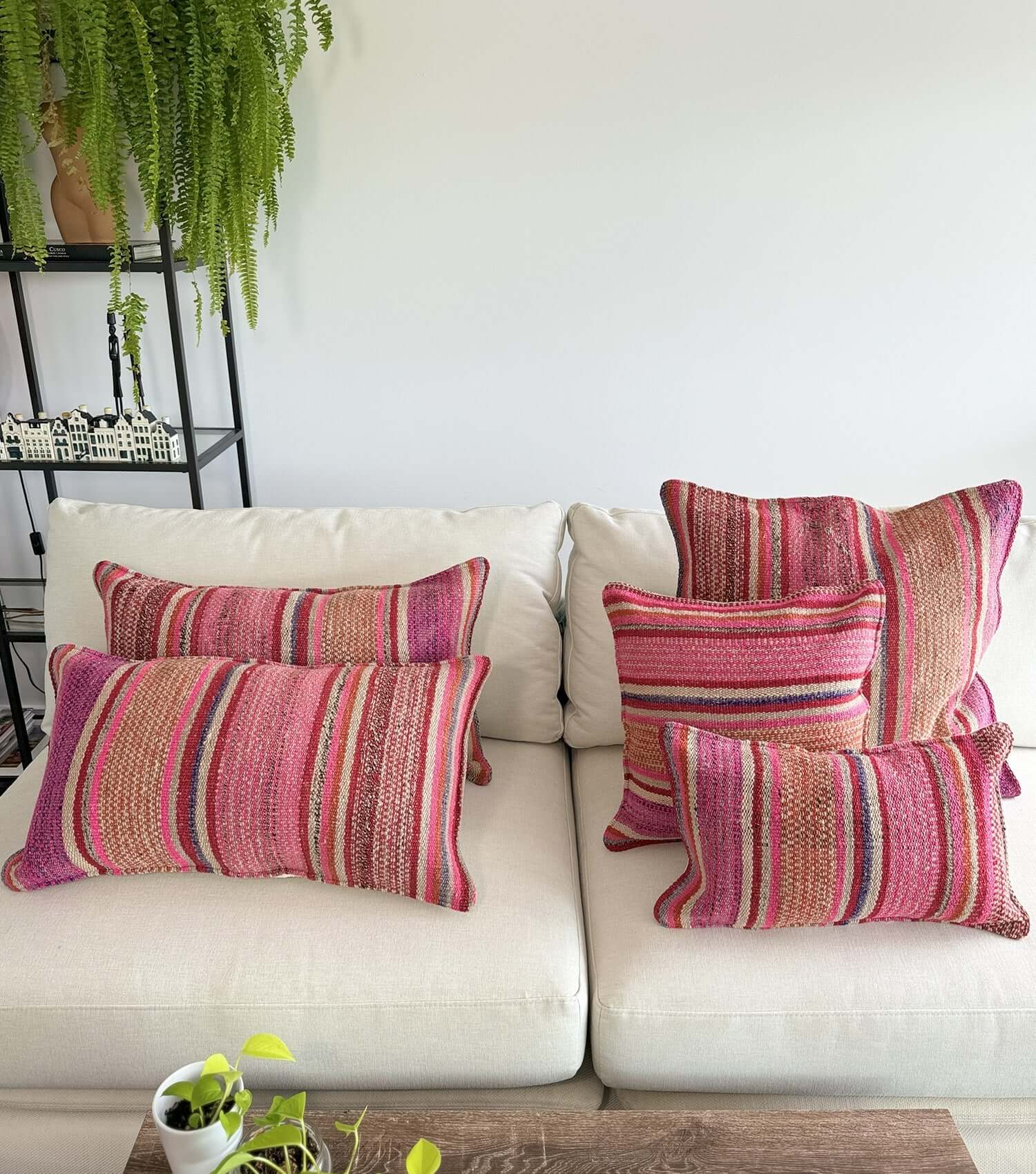 Decorative rectangular pillow 50x30 No.8 styled on sofa showing ethnic pattern and luxury wool texture
