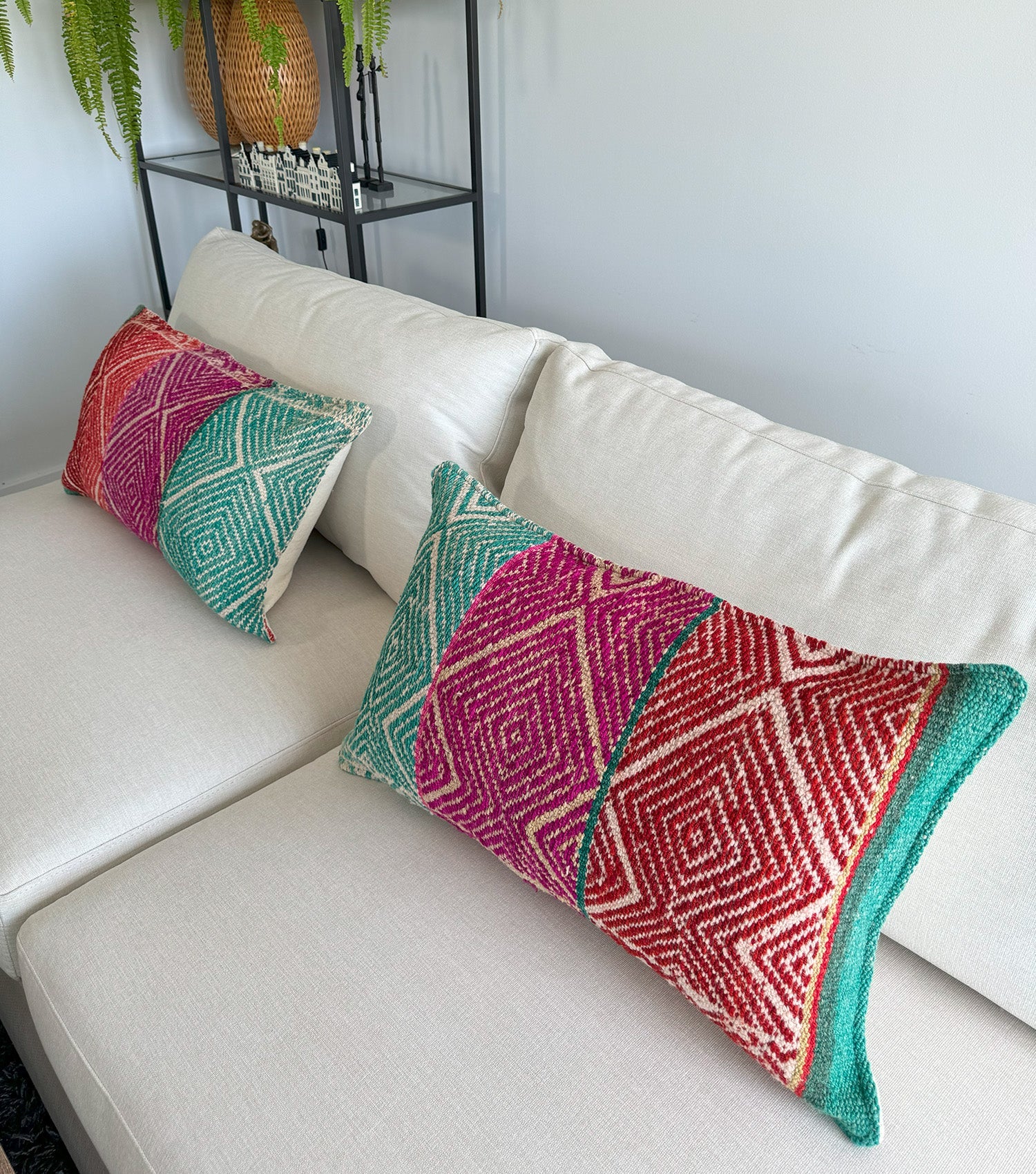 Handwoven rectangular throw pillow 70x40 No.9 with microblend insert - bohemian wool cushion for couch or bed