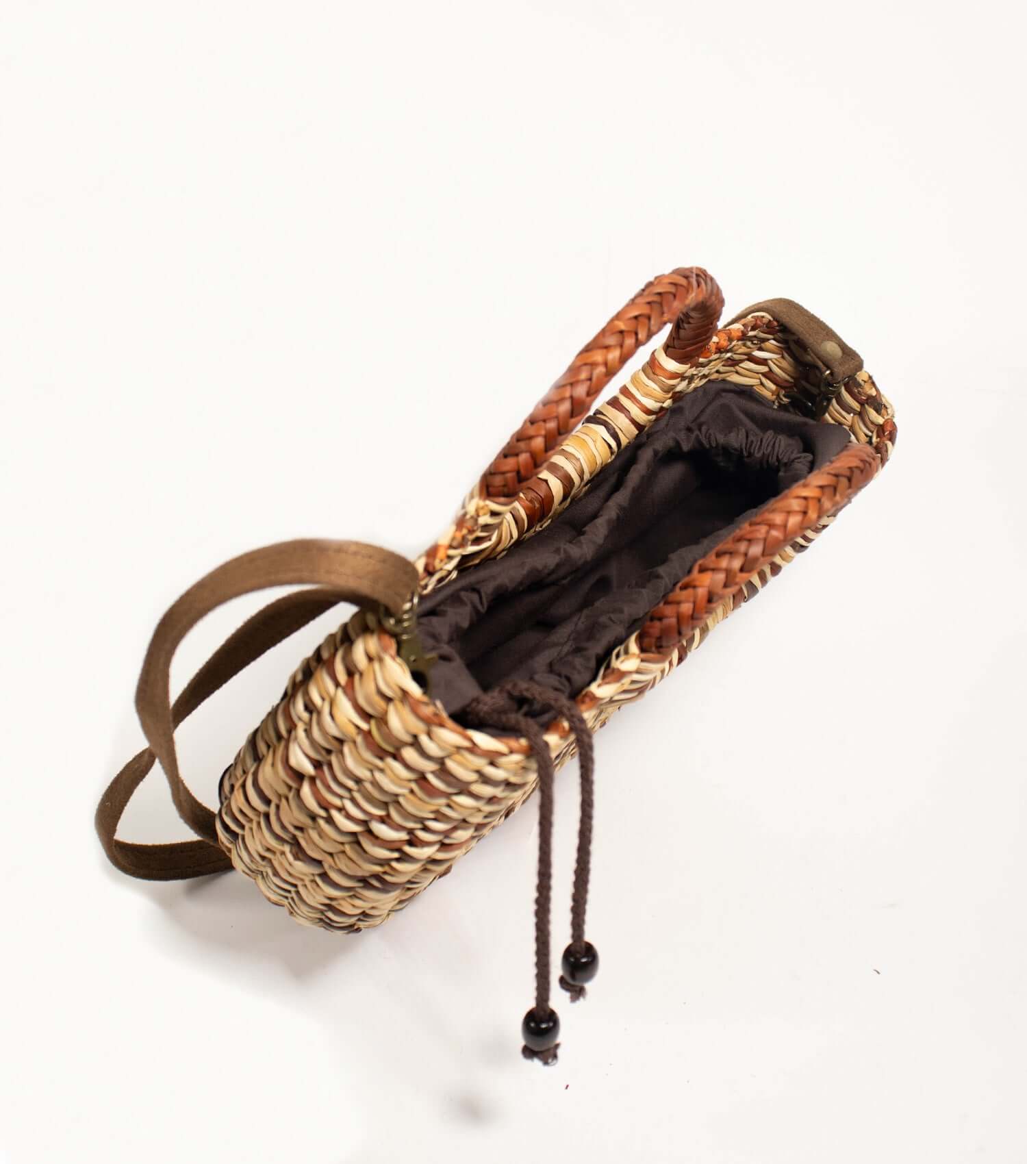 Fiesta Crossbody Straw Bag - eco-friendly crossbody fully lined with drawstring closure | Brown and Natural, Marbled Style