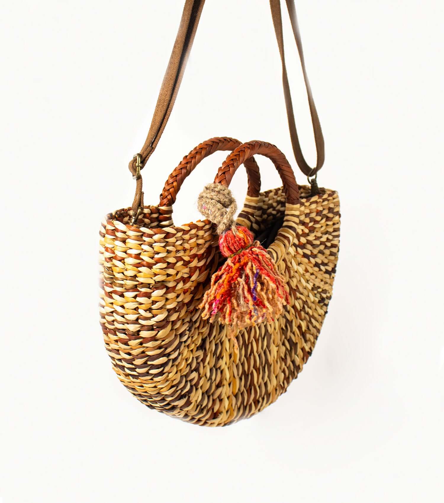 Fiesta Crossbody accessorised - handwoven summer bag with tassel | Brown and Natural, Marbled Style