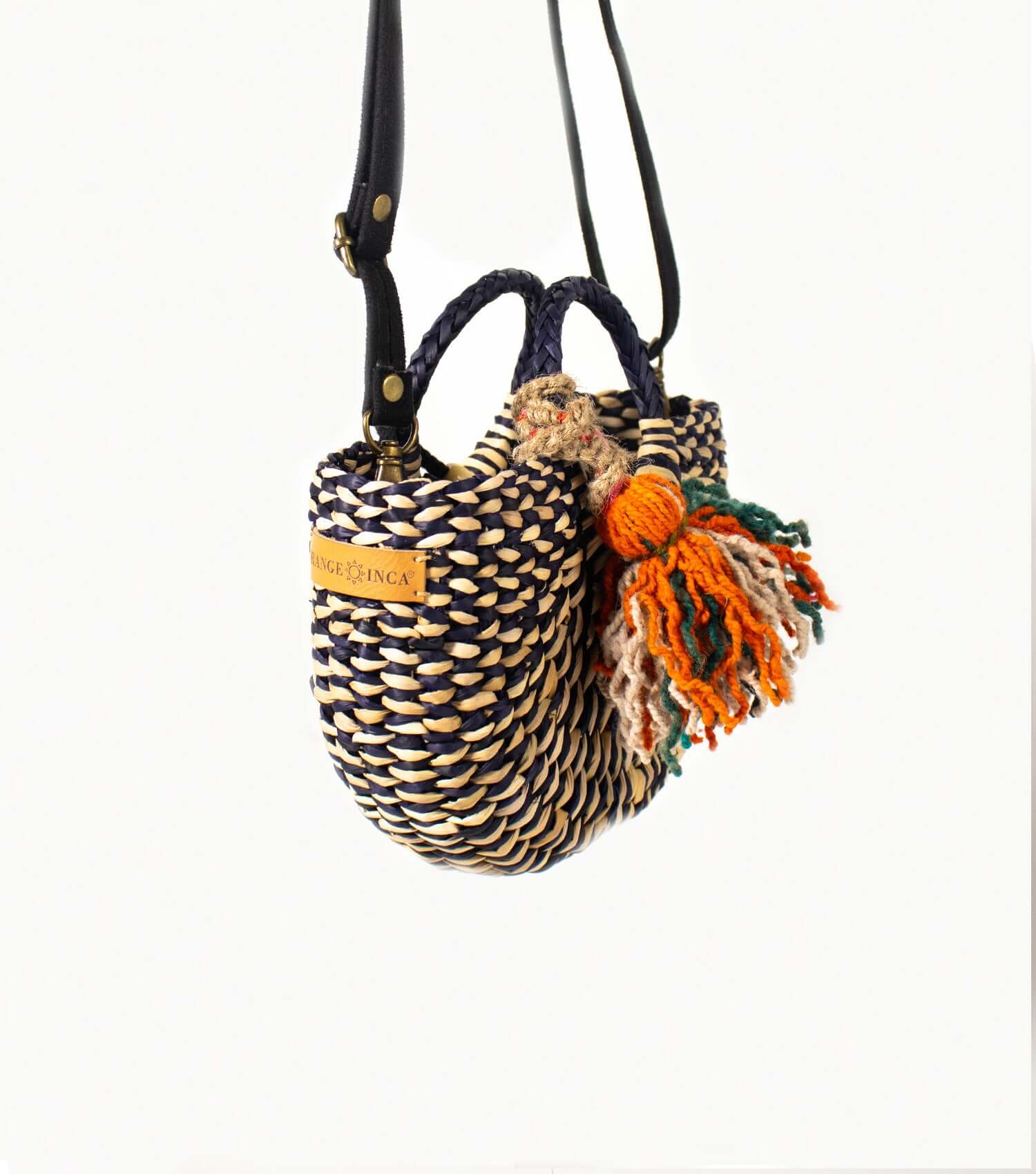 Fiesta Mini woven straw crossbody bag in black and natural marbled – handmade in Peru | Orange Inca