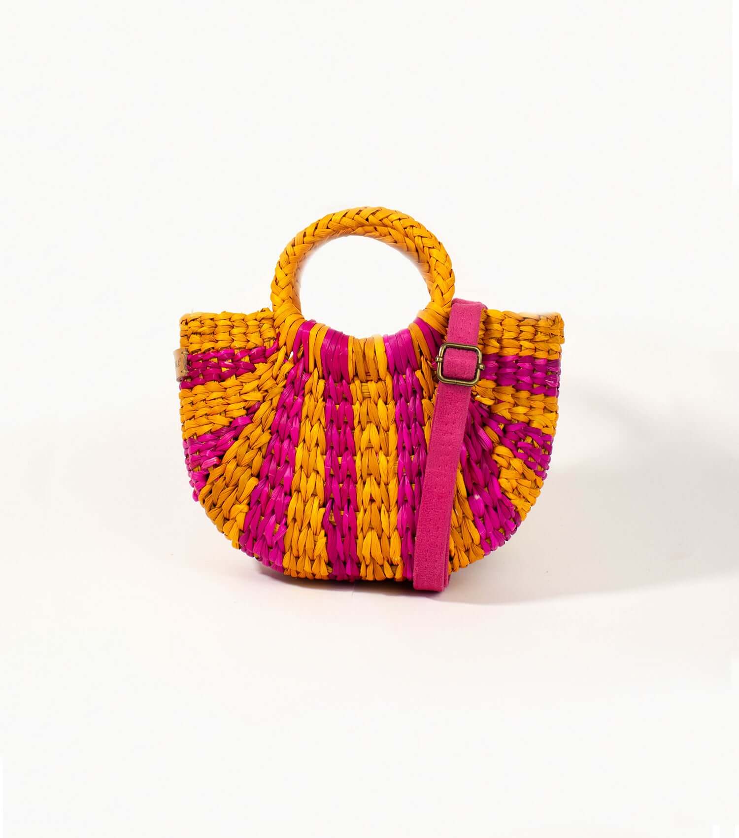 Fiesta Mini woven straw crossbody bag in fuchsia and orange stripe – handmade in Peru | Orange Inca