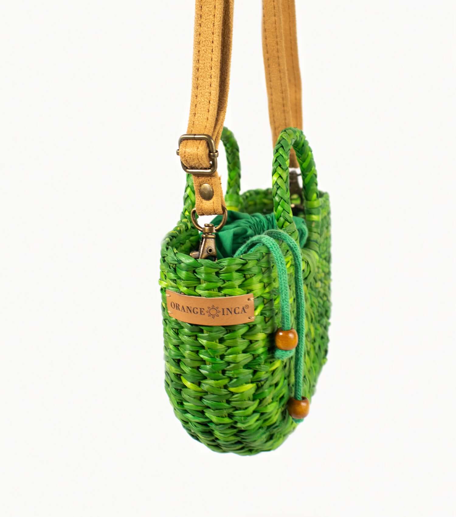 Green woven straw mini crossbody bag – handmade in Peru by Orange Inca