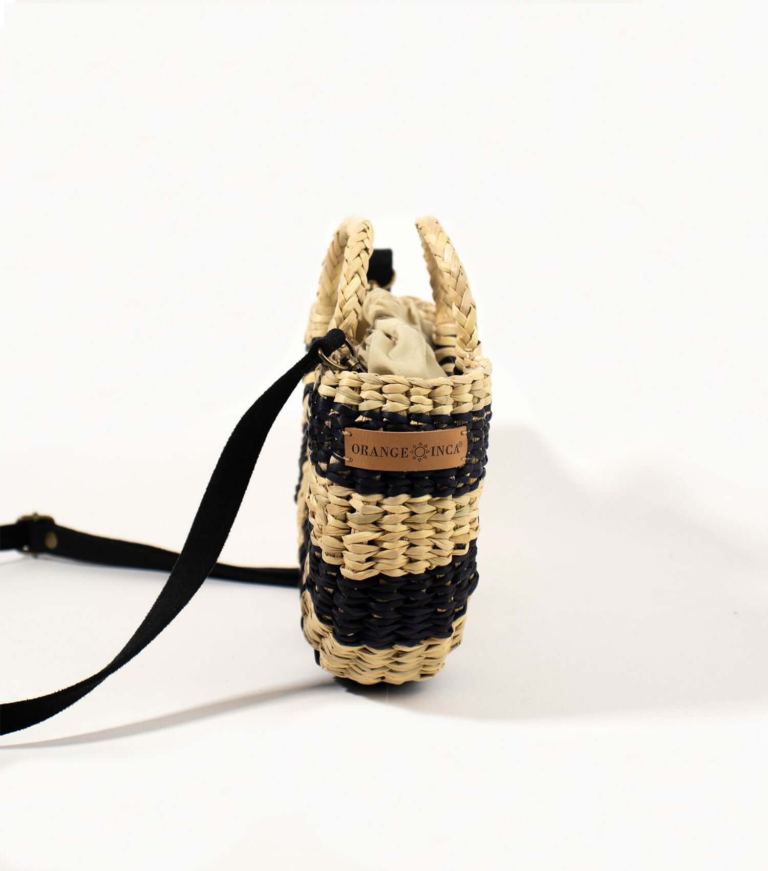 Classic stripe straw crossbody bag front view – artisan bag | Orange Inca