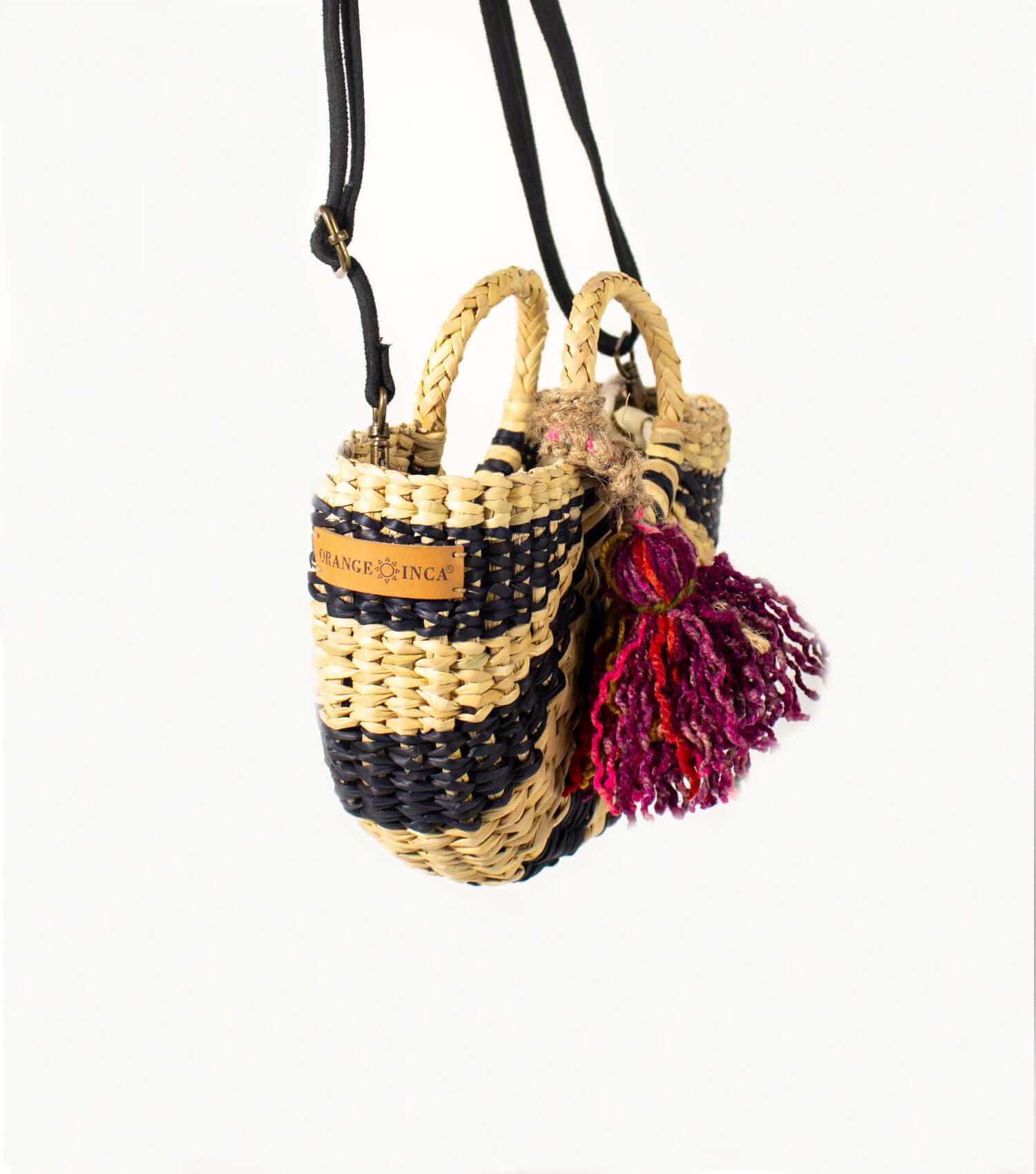Fiesta Mini woven straw crossbody bag in natural and black stripe – handmade in Peru | Orange Inca