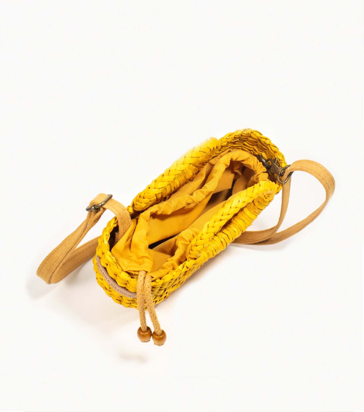 Fiesta Mini yellow straw bag worn crossbody – compact everyday bag | Orange Inca
