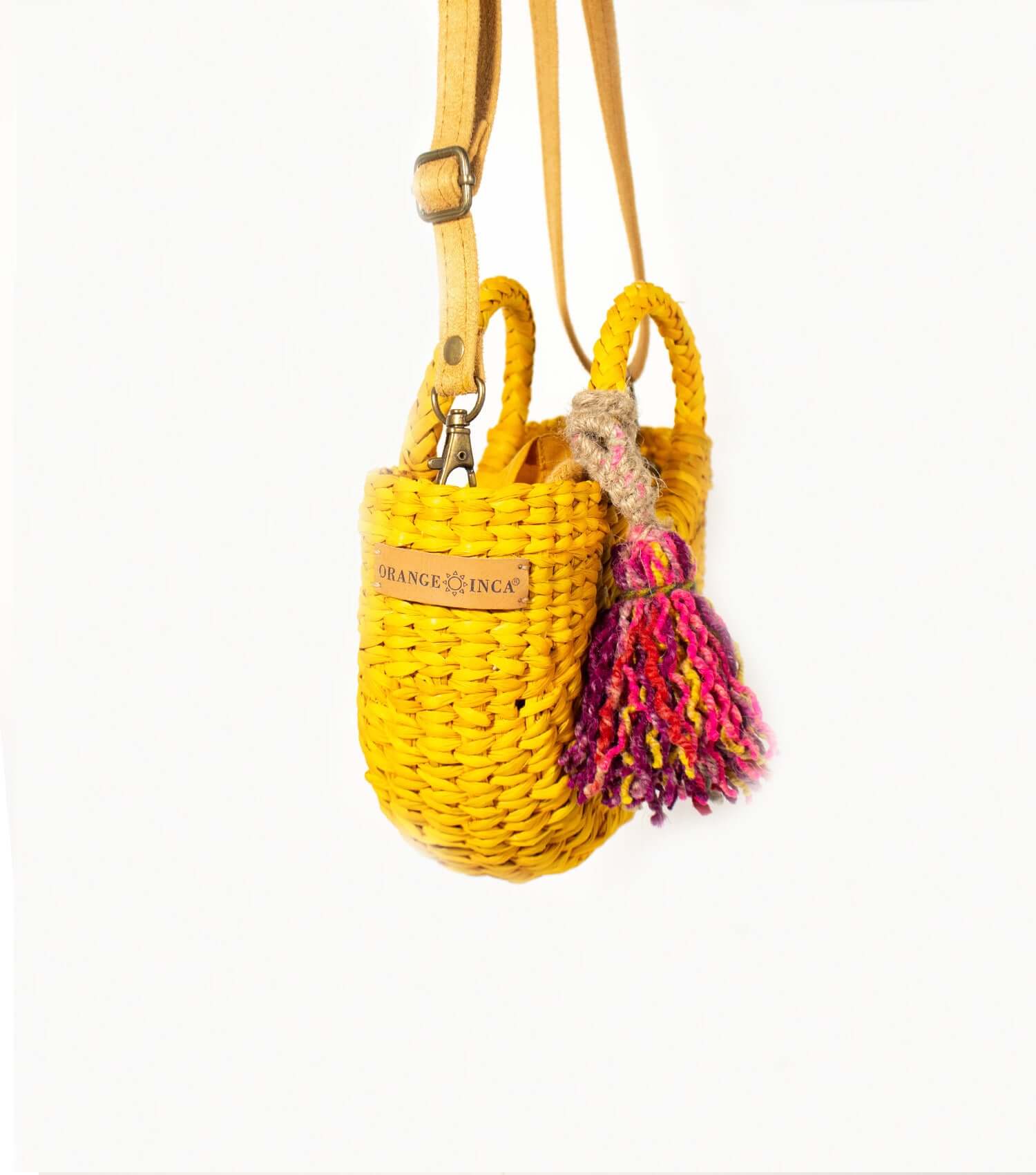 Fiesta Mini woven straw crossbody bag in yellow – handmade in Peru | Orange Inca
