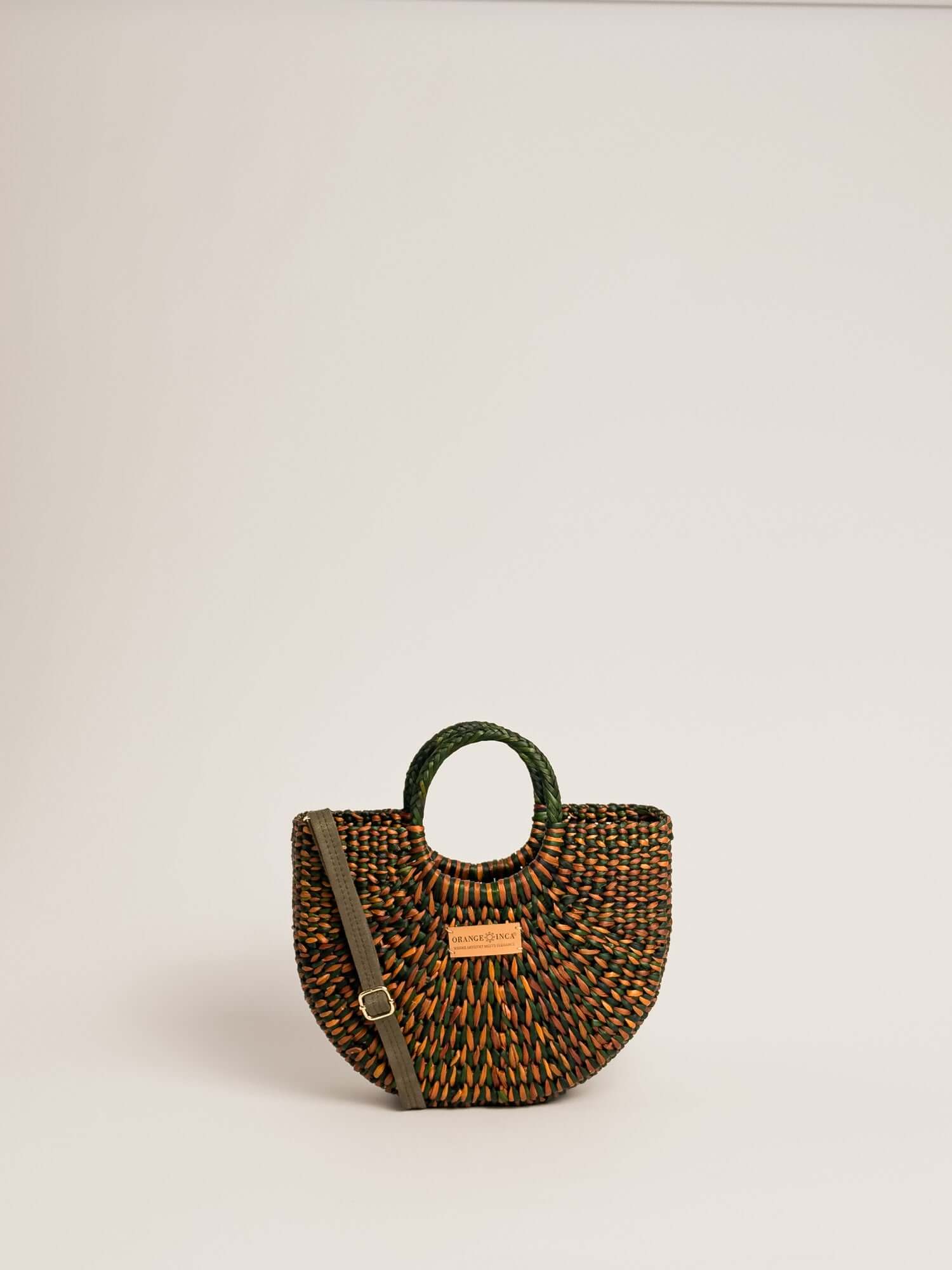 Designer straw crossbody bag by Orange Inca - mini purse | Marbled Olive Green Camel