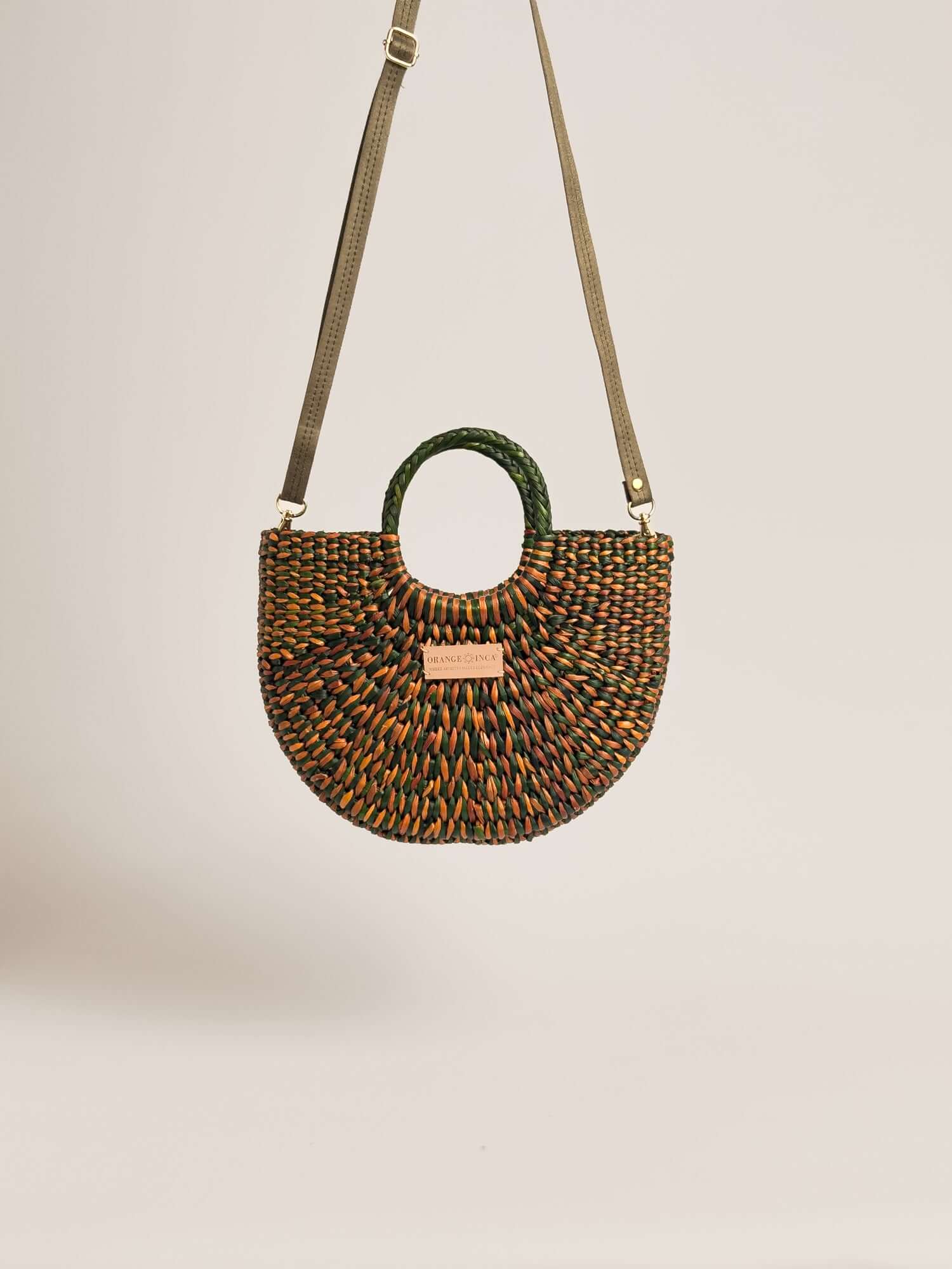 Handwoven straw crossbody bag w removable strap | Marbled Olive Green Camel