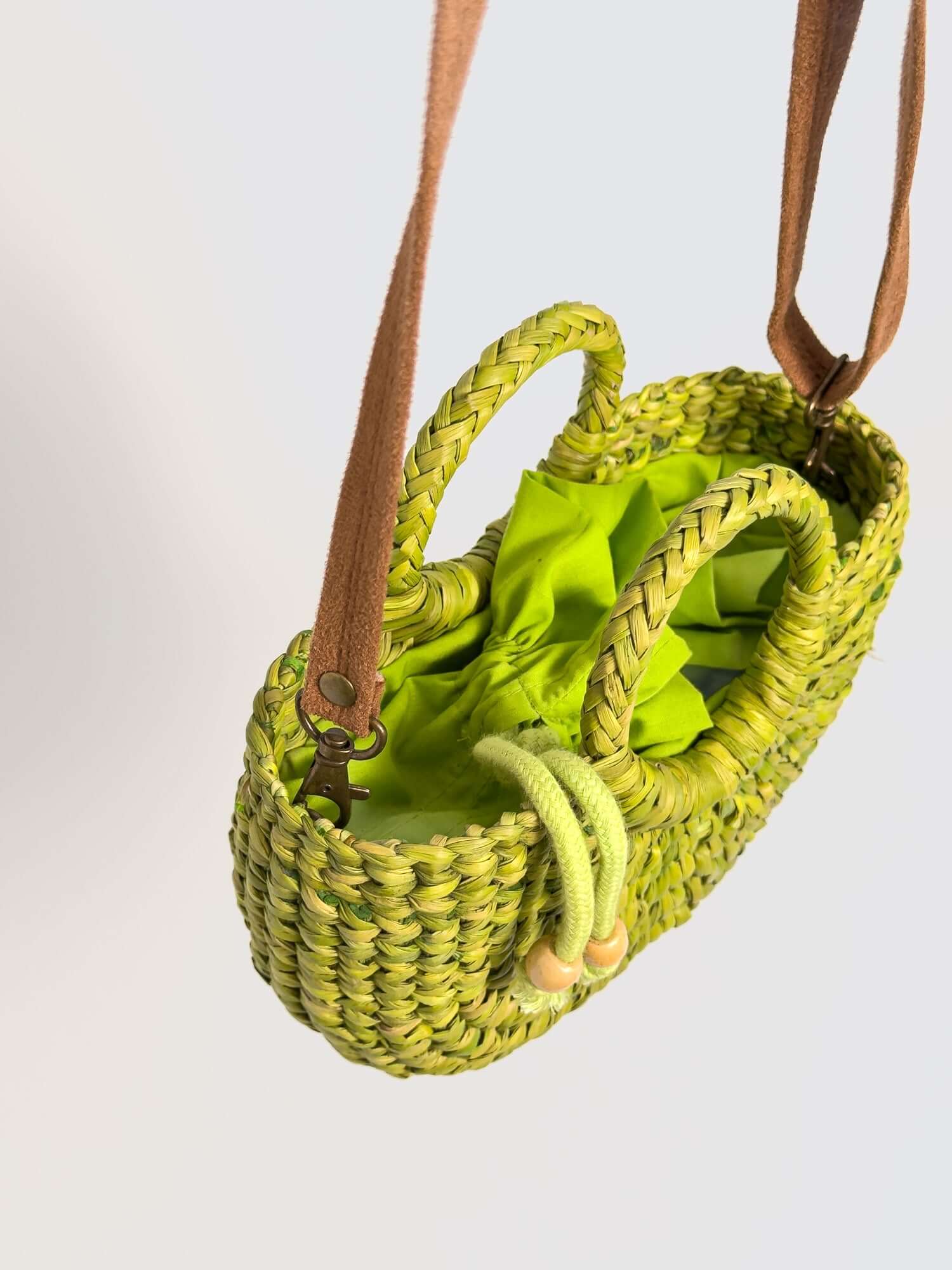 Inside Fiesta Mini reed crossbody bag with drawstring closure |Lime Green