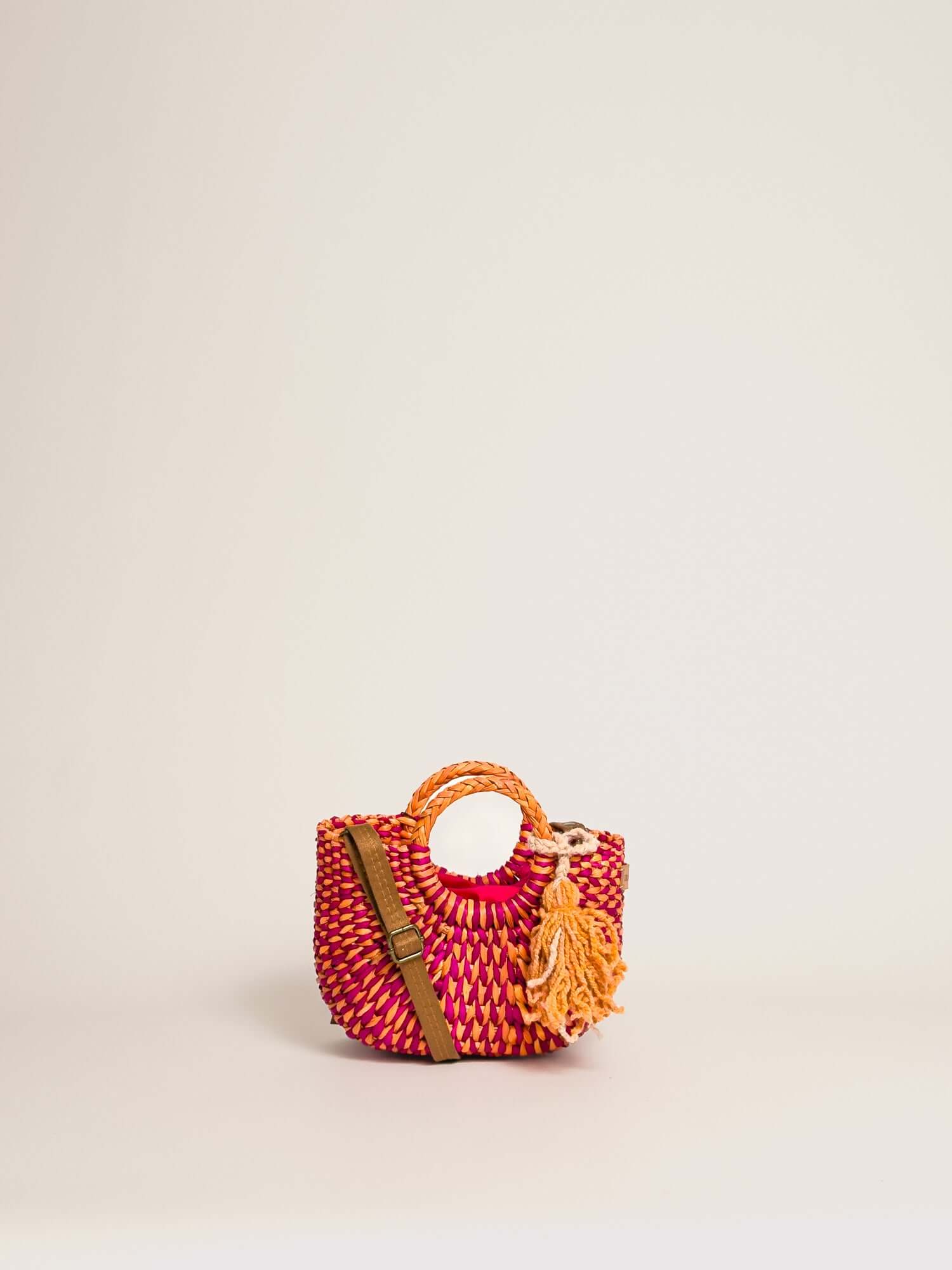 Designer straw crossbody bag by Orange Inca - mini purse | Marbled Fuchsia Yellow