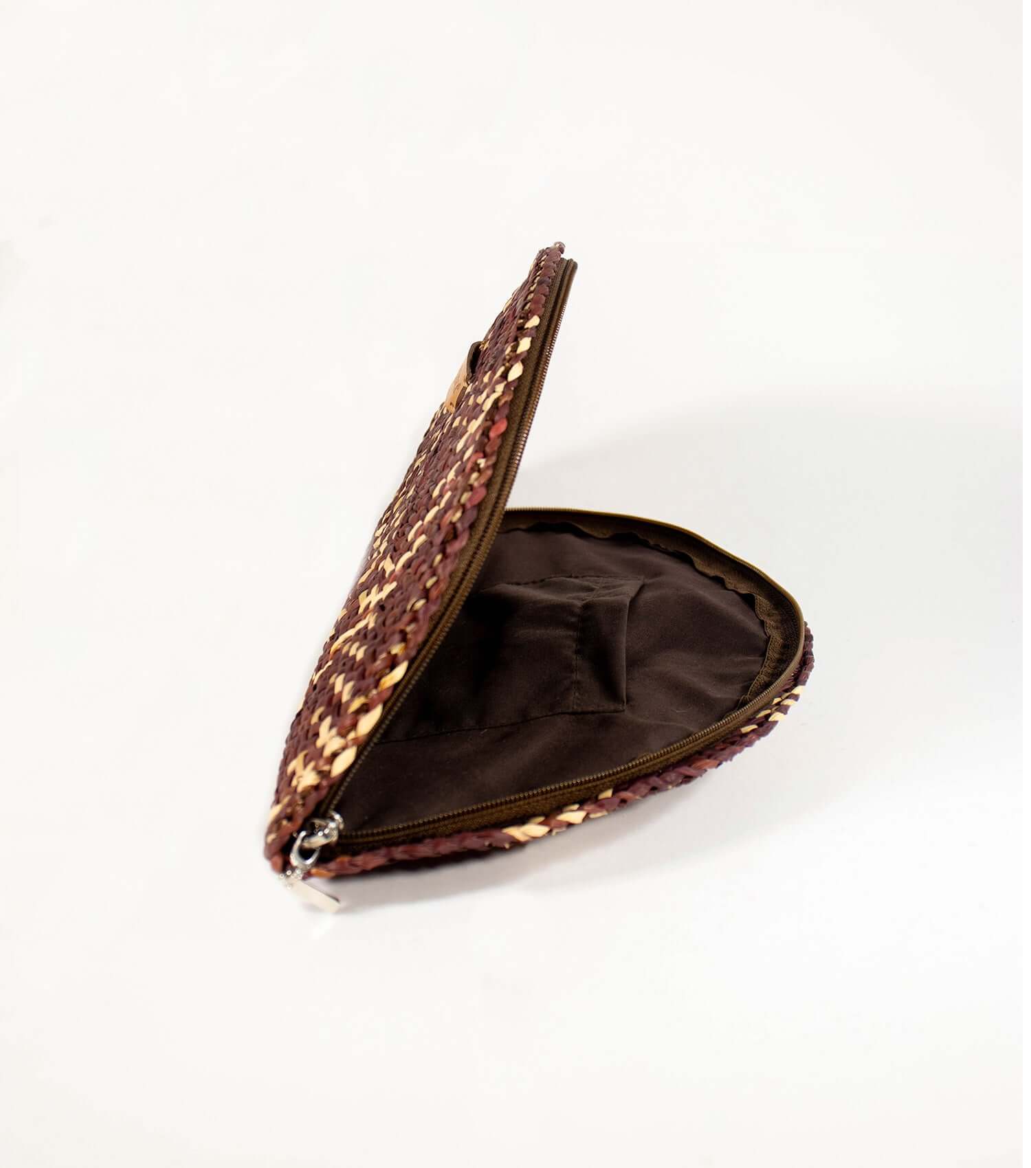 Cocktail purse in coffee brown and natural with open zipper revealing the elegant lining and convenient inner pocket.