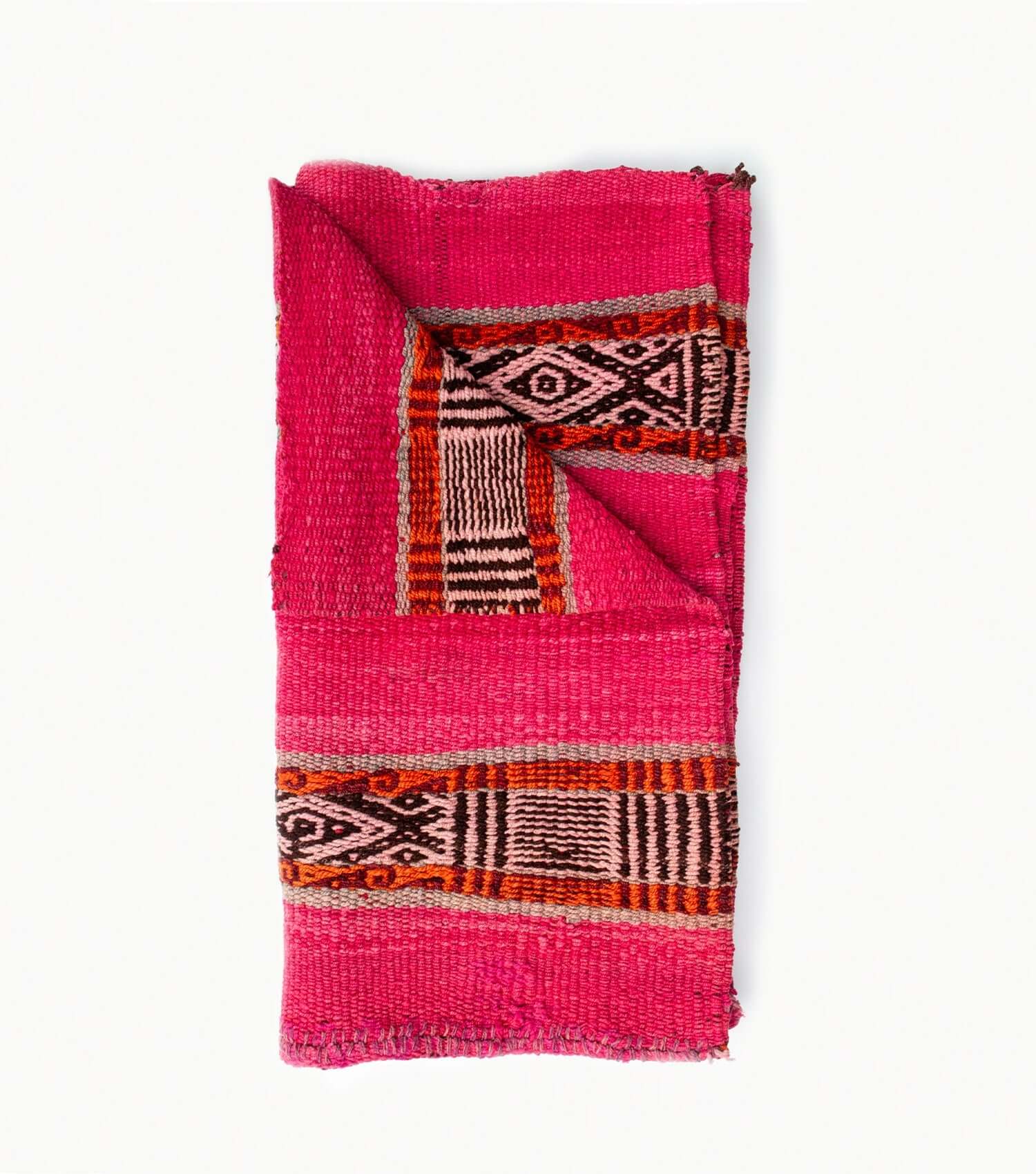 Folded view of handwoven Peruvian frazada throw no 1 showing thickness and pattern layering