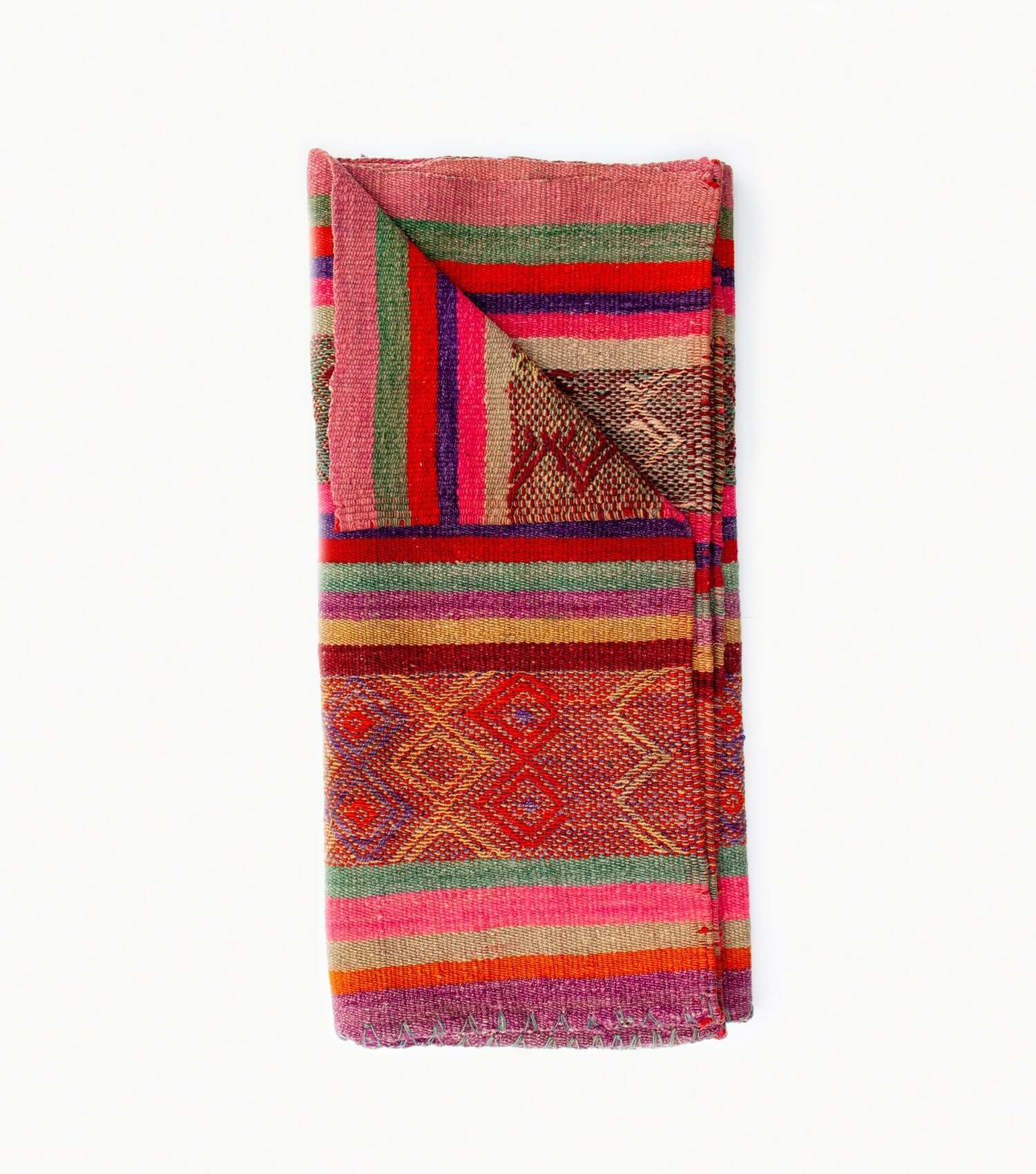 Peruvian frazada No. 8 folded — handwoven sheep wool, blue, pink, red, purple and lilac, 150×160cm | Orange Inca
