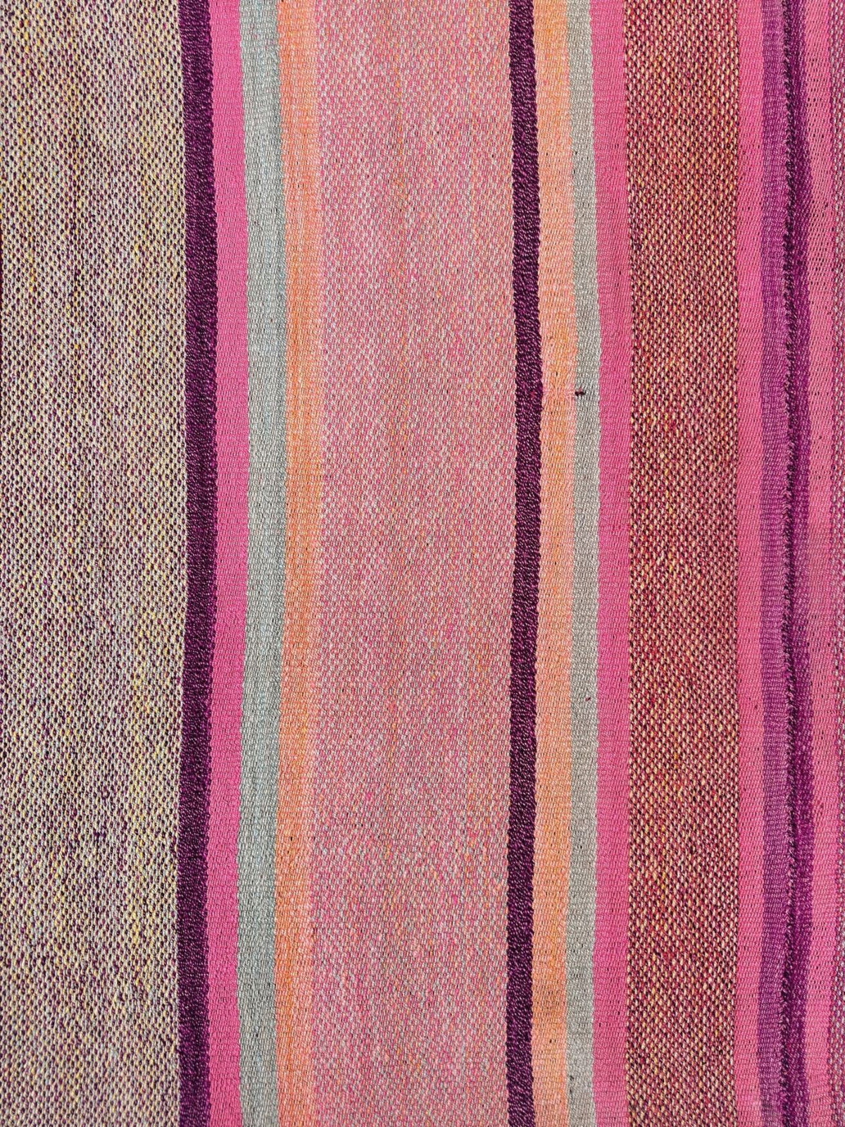 Detail of frazada rug No. 2 — naturally dyed sheep wool stripes in rose, fuchsia, plum and sage with heathered oatmeal edge | Orange Inca
