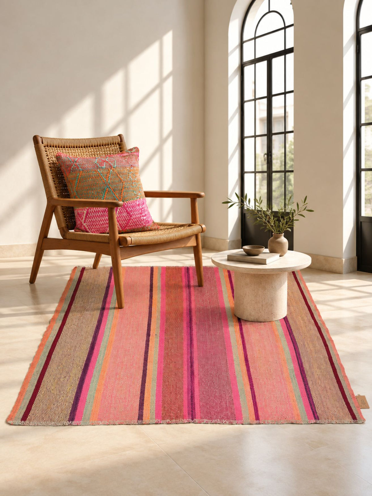 Vintage frazada rug No. 2 in a sunlit living room — rose, fuchsia, plum, peach and sage stripes, handwoven Peruvian wool, 155 × 160 cm | Orange Inca