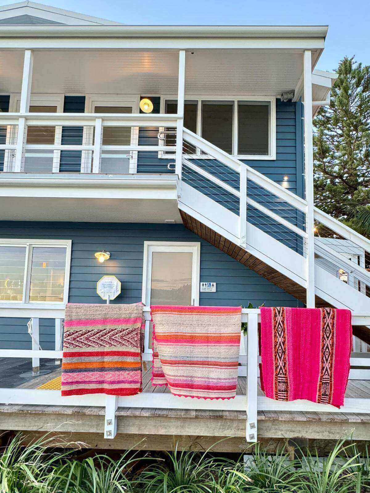 Peruvian Frazada Rugs and Blankets hanging over the deck of a beautiful Hamptons setting in the Northern Beaches of Sydney