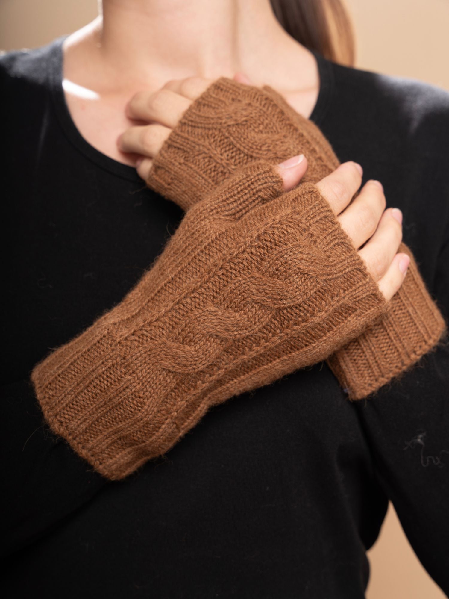 Fingerless Knitted Gloves - Cinnamon