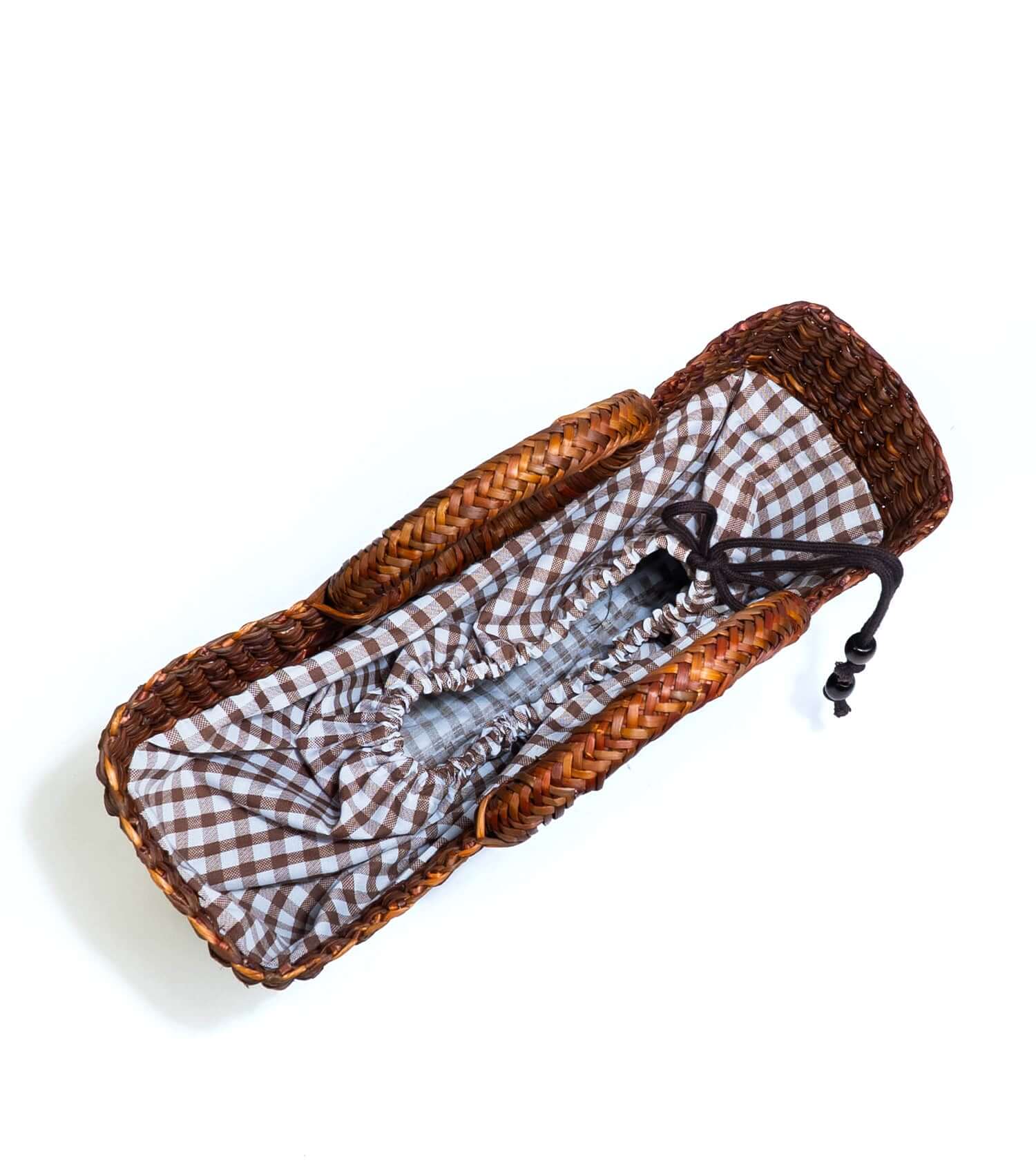 Inside Gran Fiesta reed tote with fabric lining and drawstring closure - designer market bag | Brown with Vichy Interior