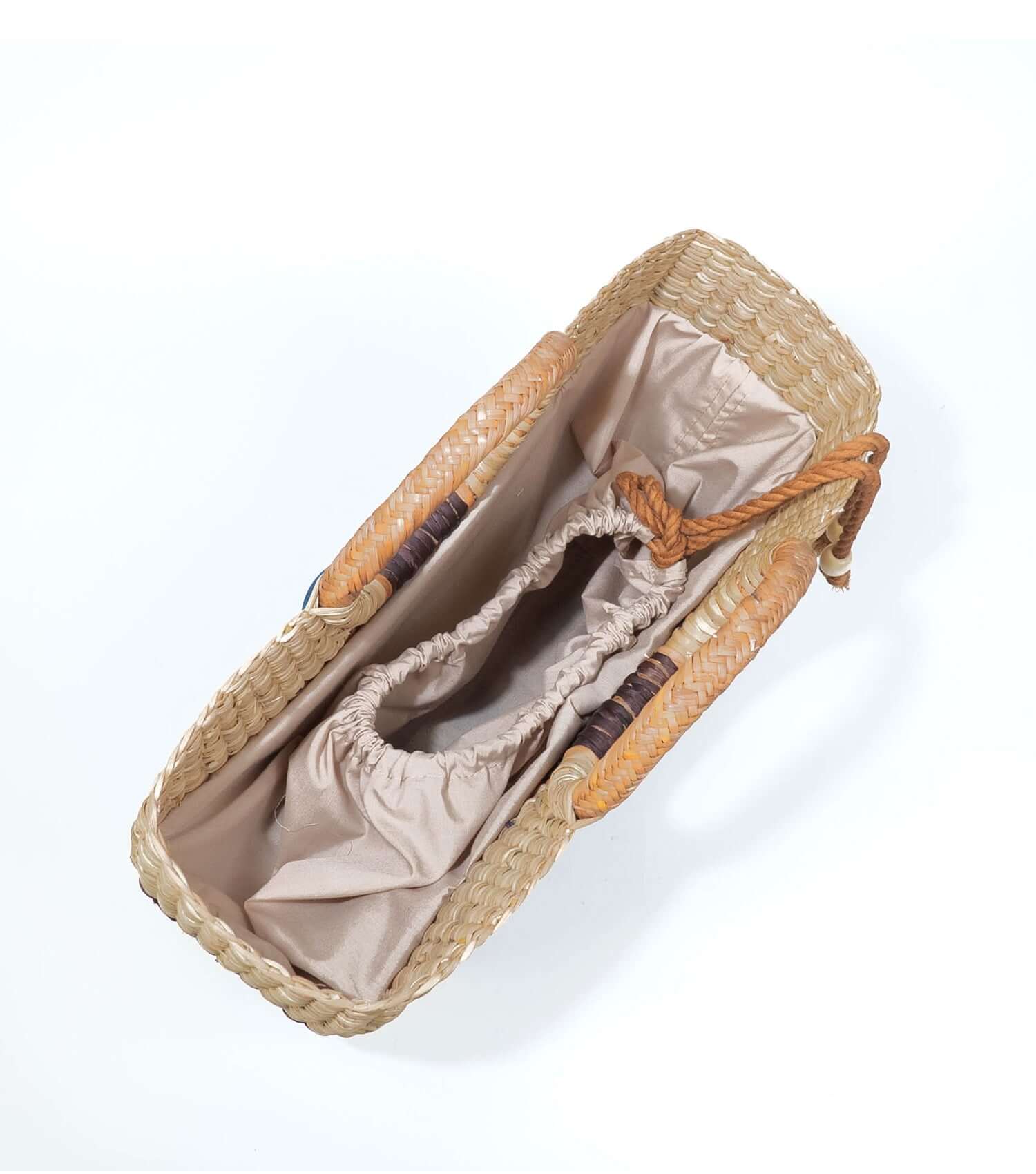 Inside Gran Fiesta reed tote with drawstring closure - designer market bag |Natural with Burgundy and Brown Stripes