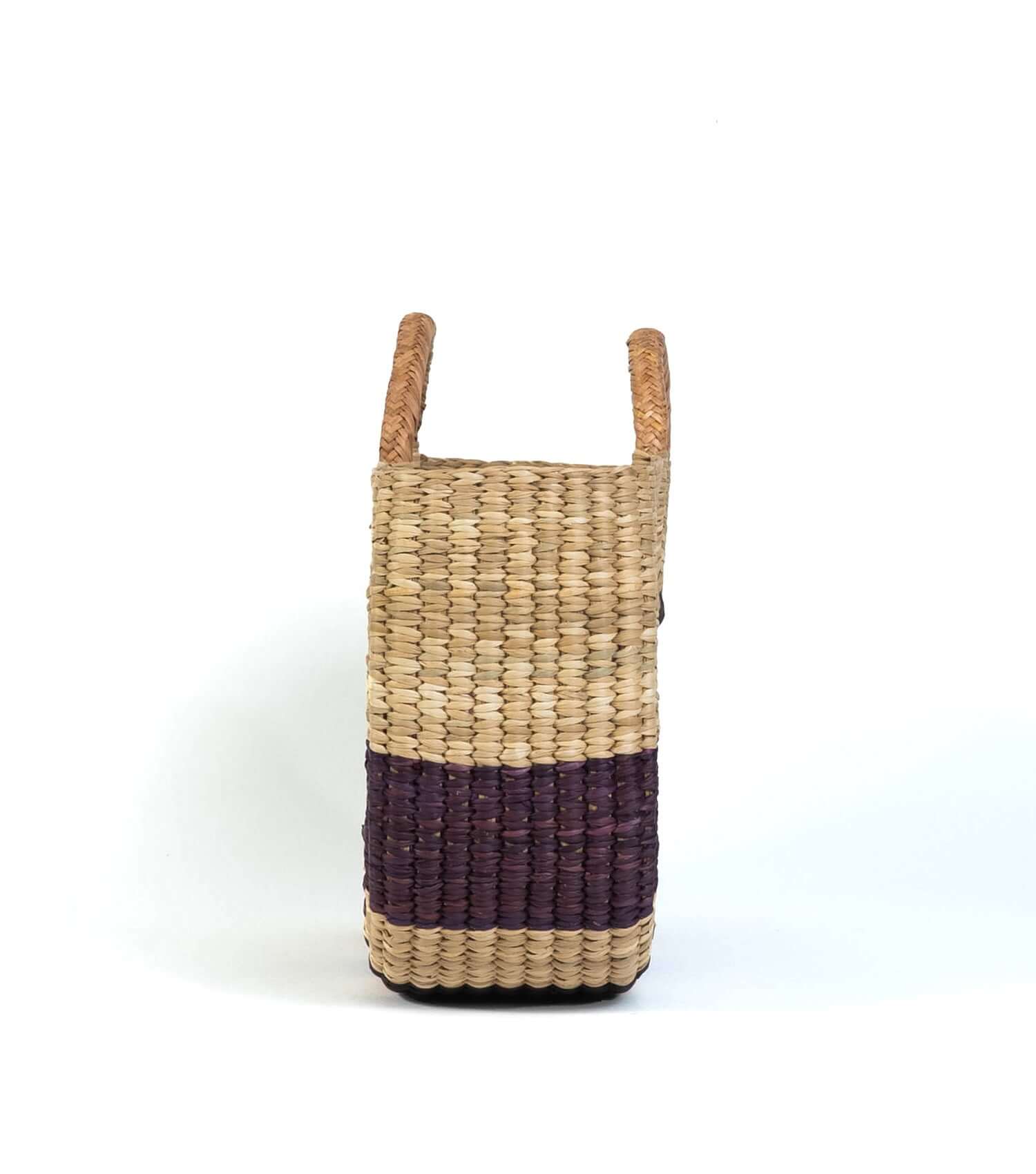 Side profile of Gran Fiesta straw tote - artisanal summer bag |Natural with Burgundy and Brown Stripes