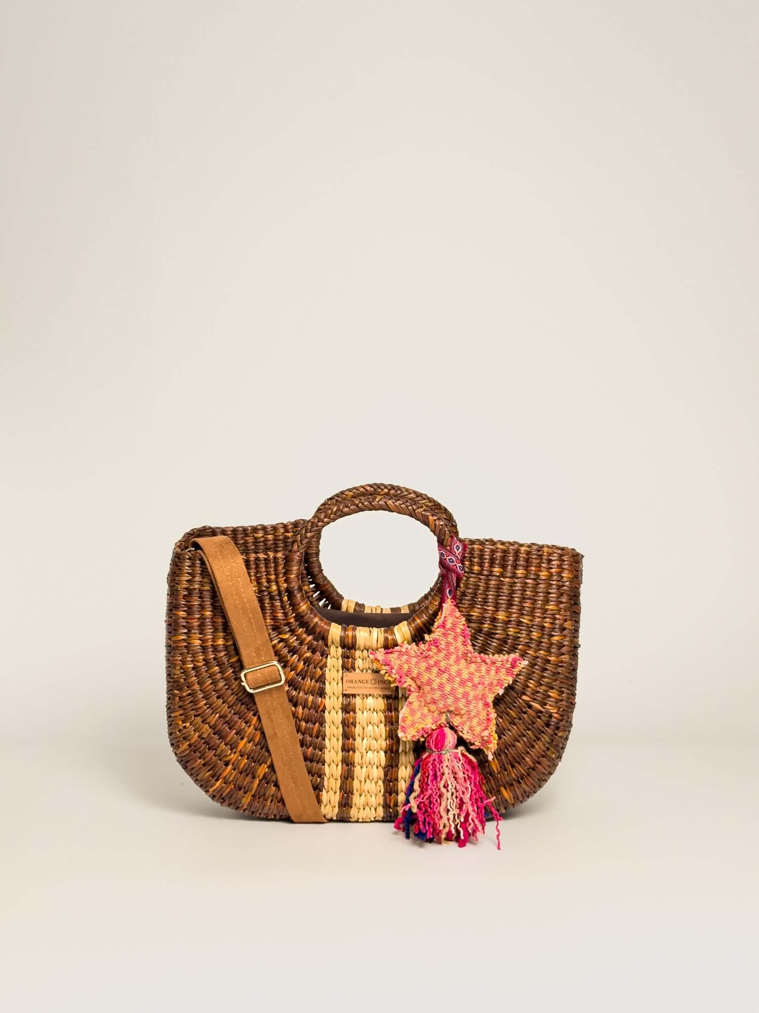 Orange Inca Gran Fiesta handwoven straw tote - sustainable luxury beach bag |Brown Striped