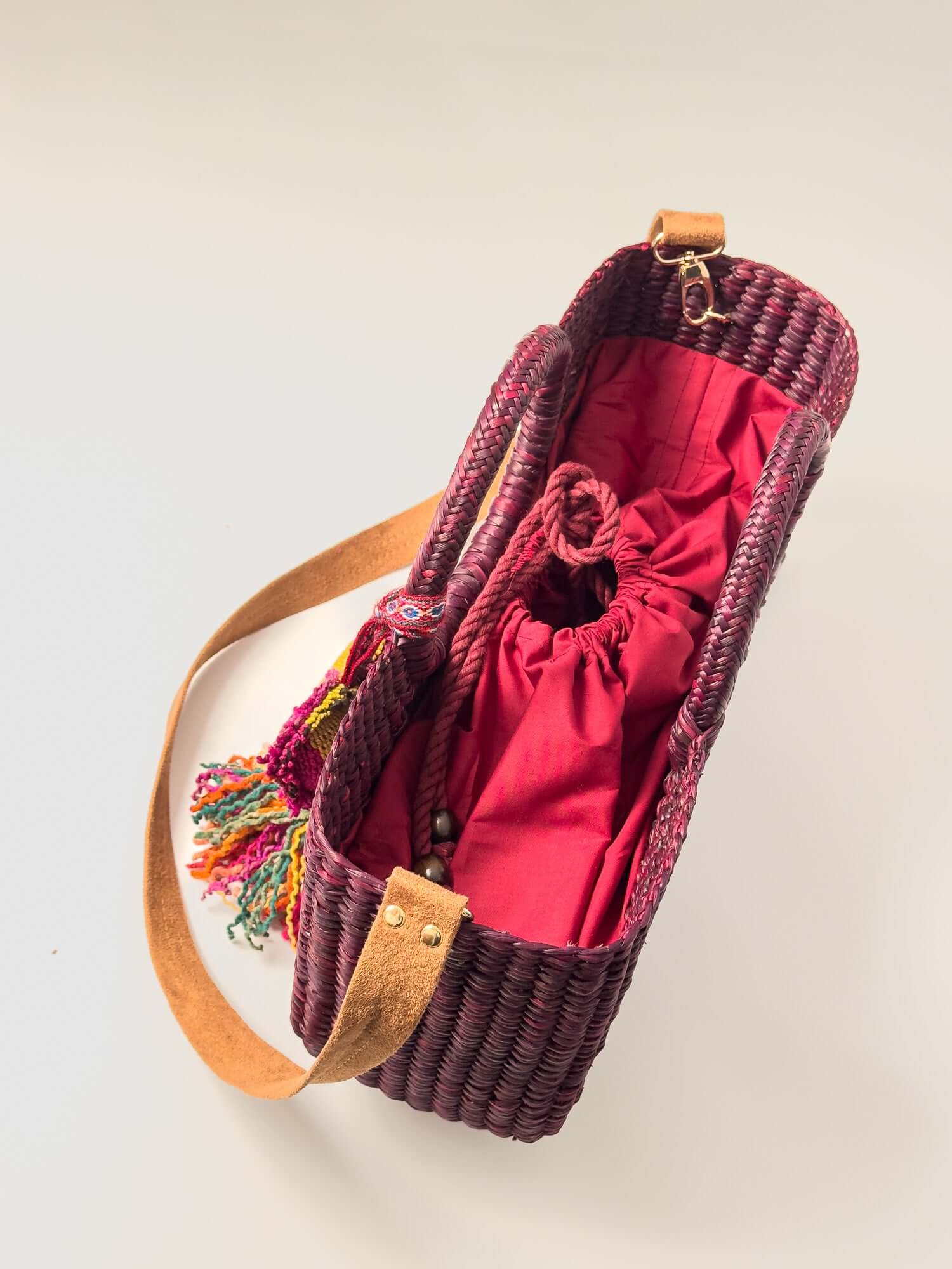 Inside Gran Fiesta reed tote with drawstring closure - designer market bag |Burgundy