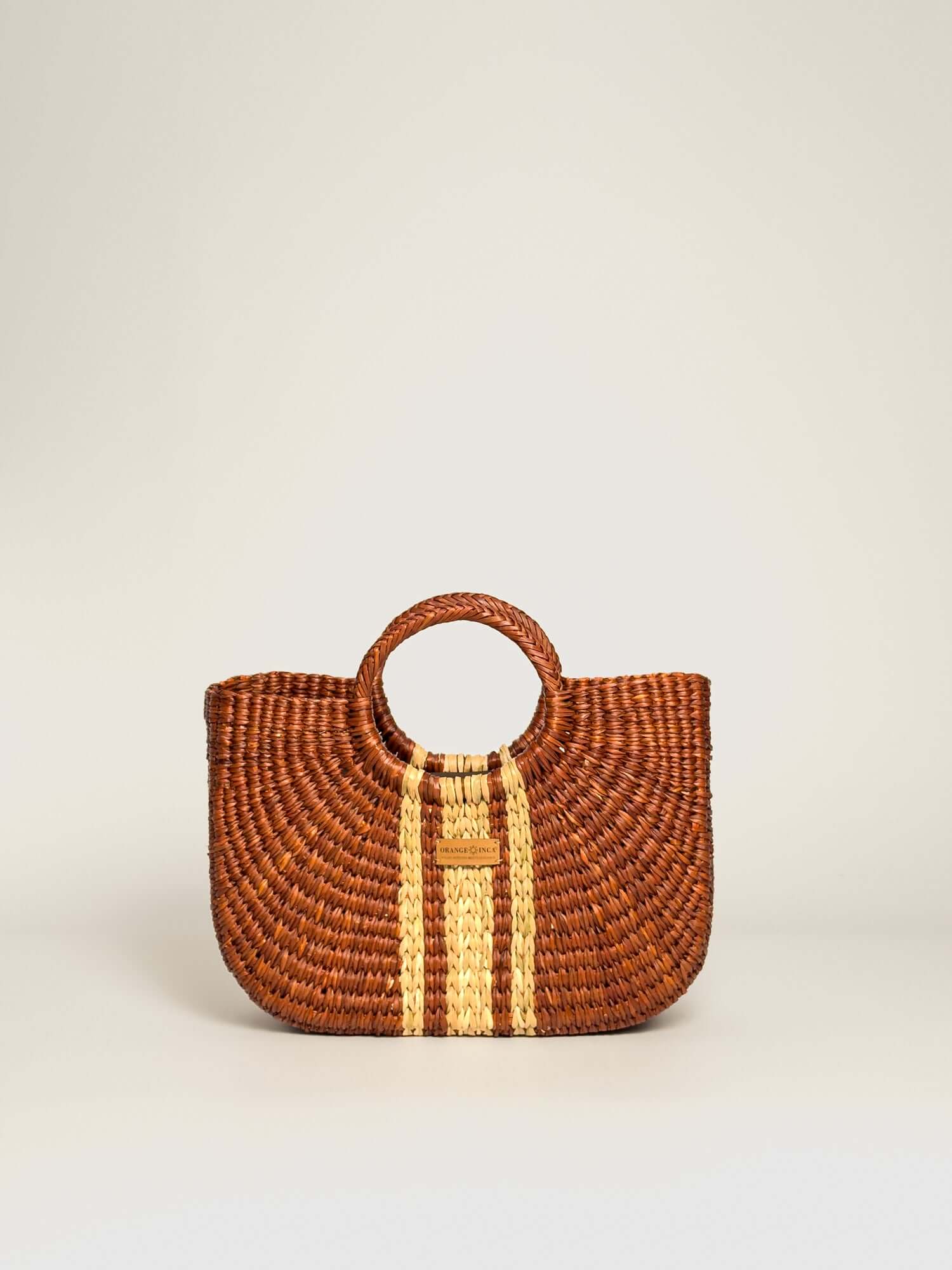 Orange Inca Resort handwoven straw tote - sustainable luxury beach bag |Camel Striped