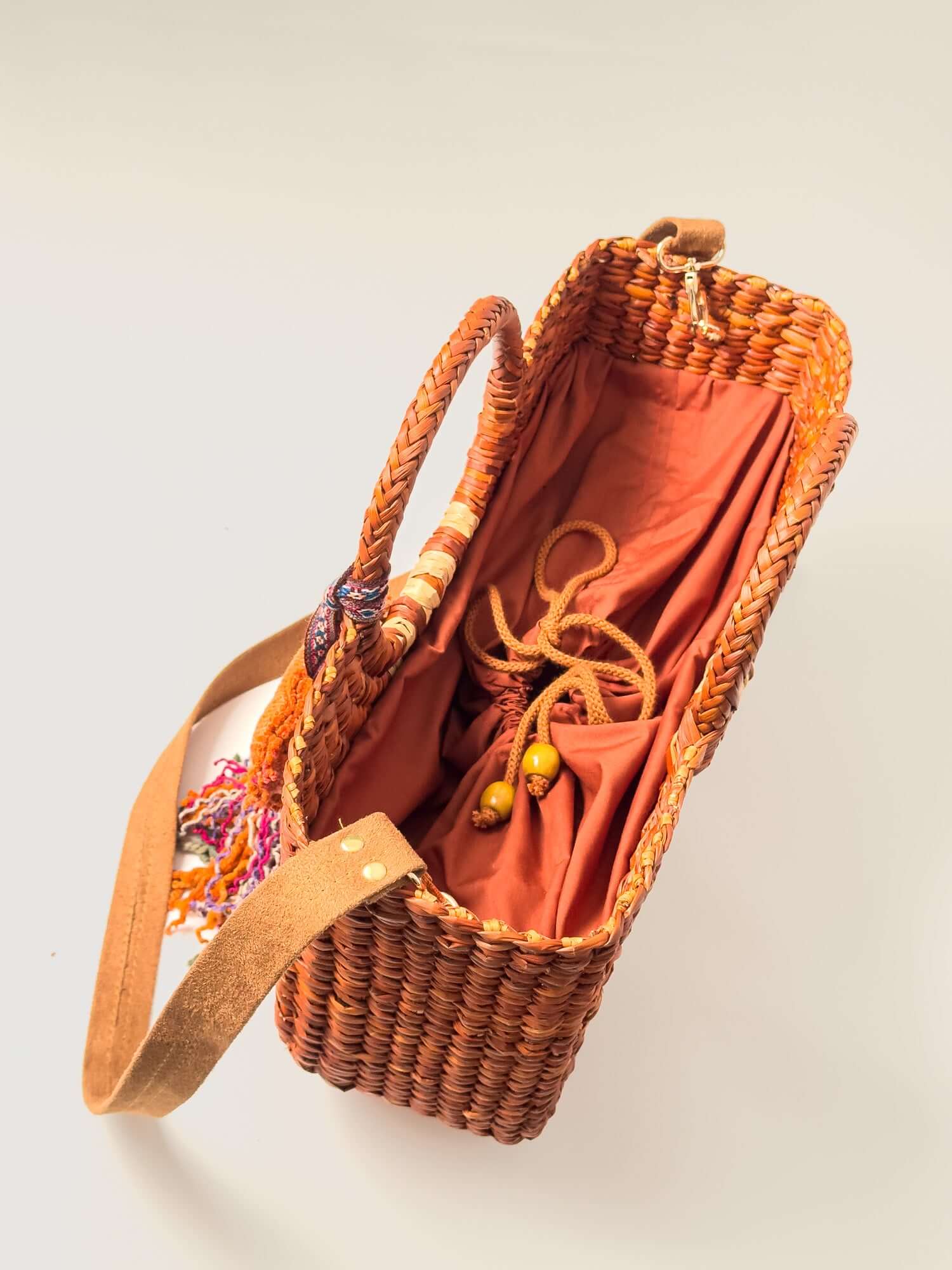 Inside Gran Fiesta reed tote with drawstring closure - designer market bag |Camel Striped