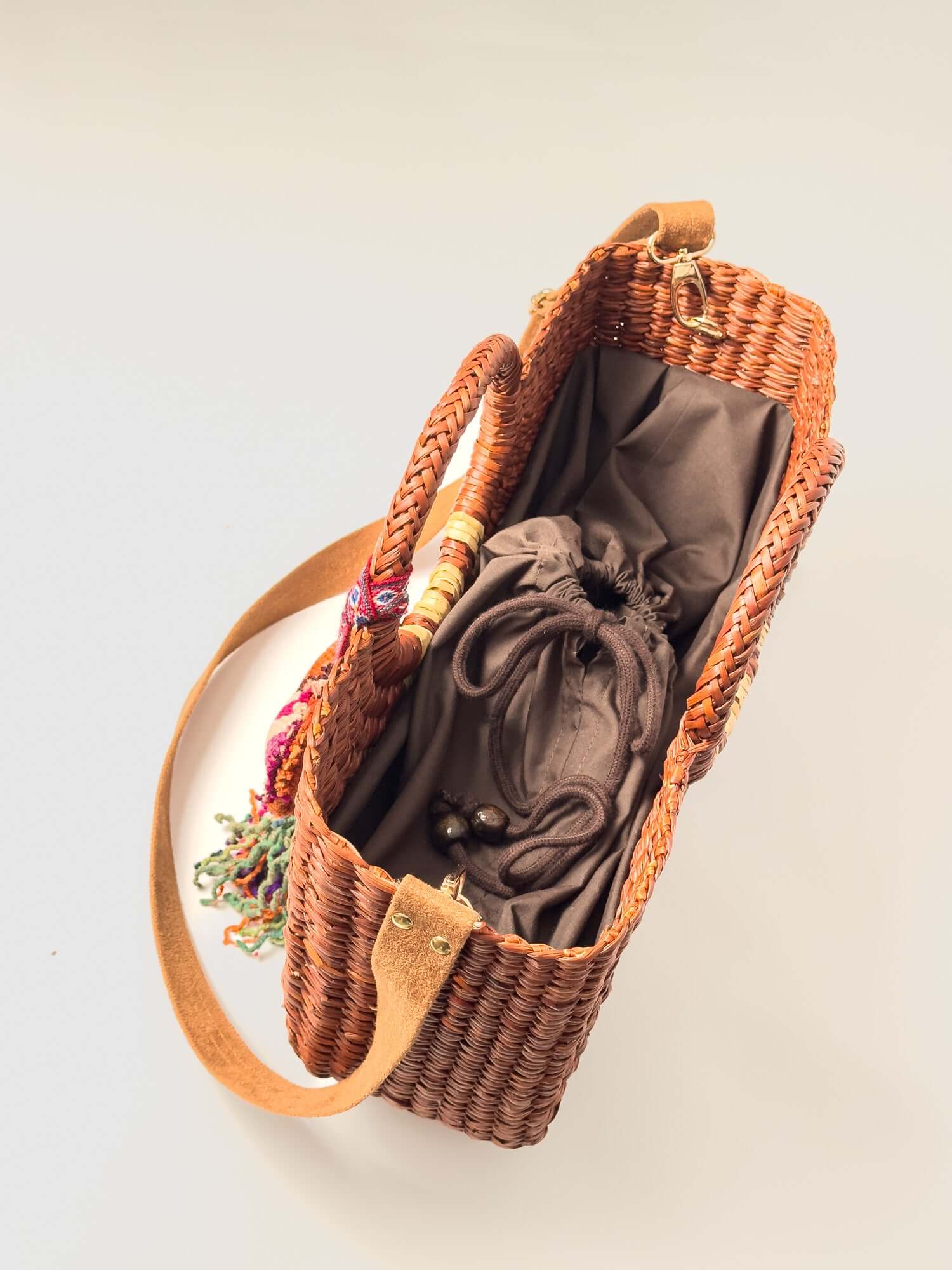 Inside Gran Fiesta reed tote with drawstring closure - designer market bag |Camel Striped