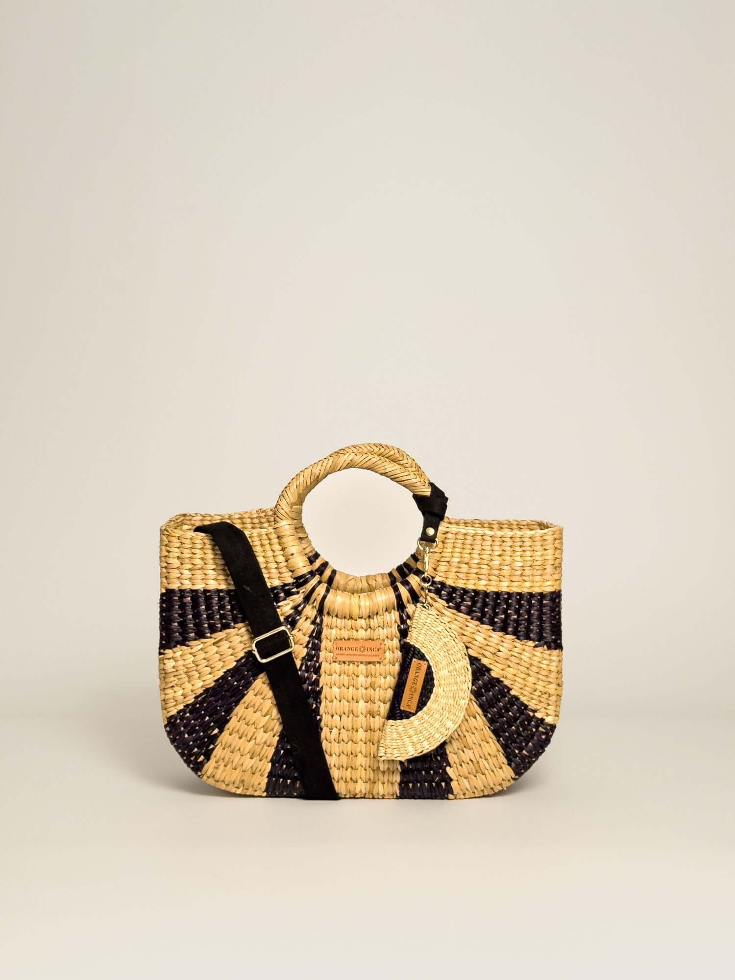 Orange Inca Handwoven straw tote with coin purse|Black and Natural