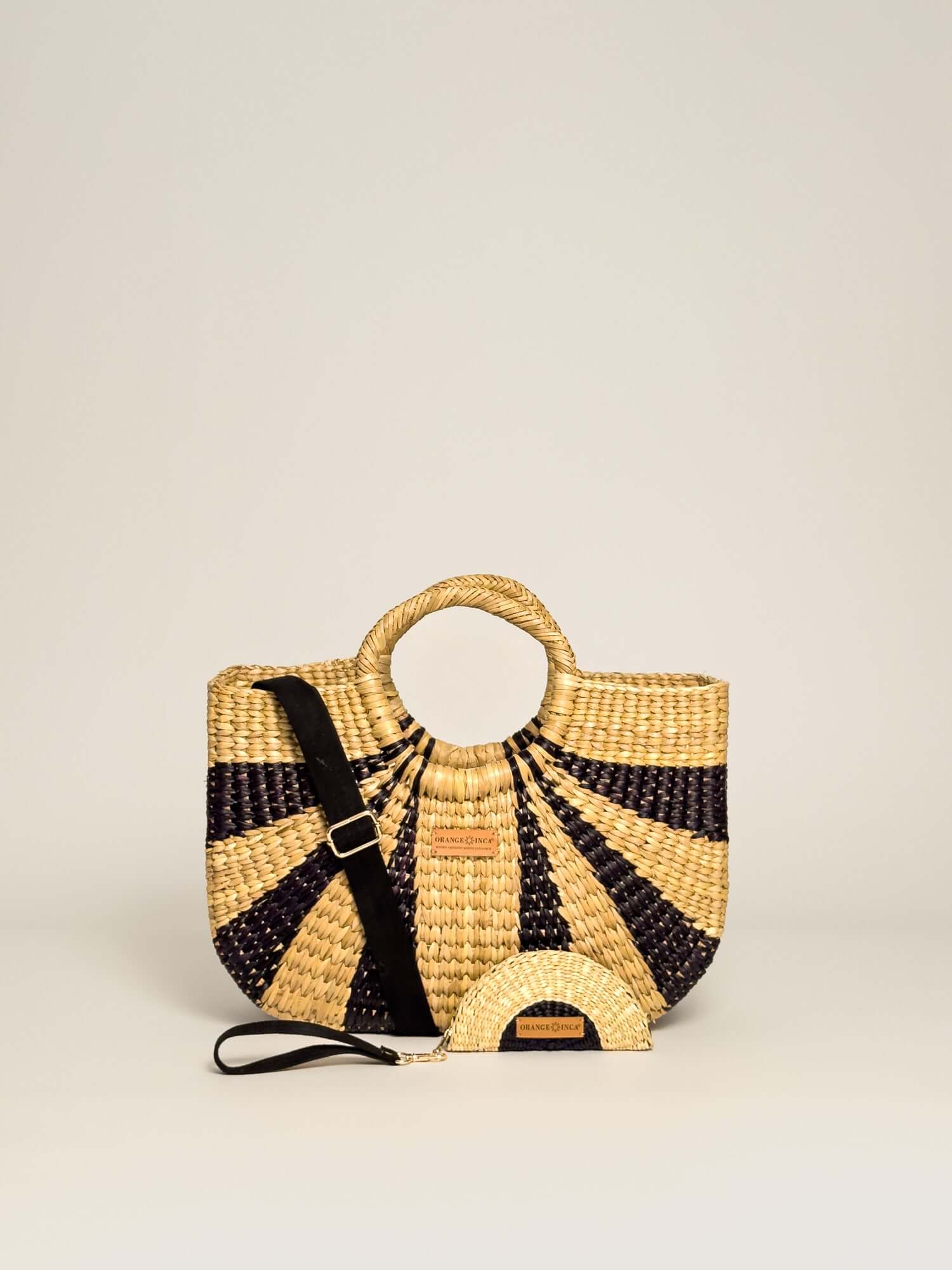 Orange Inca Gran Fiesta handwoven straw tote - sustainable luxury beach bag |Black and Natural