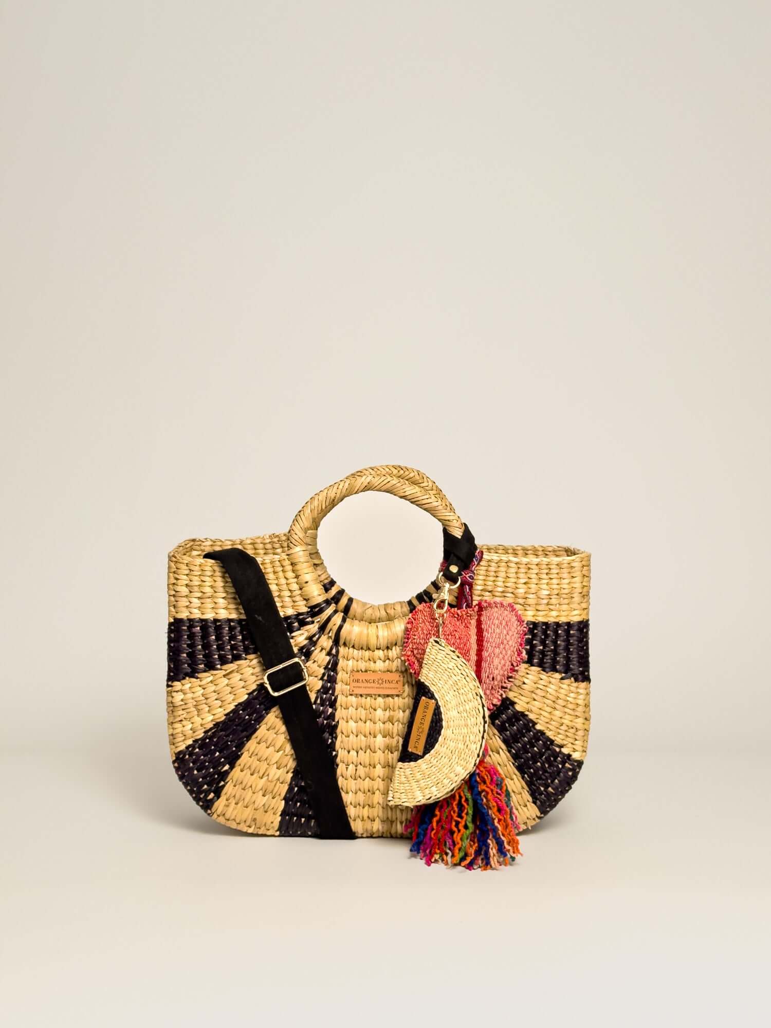 Orange Inca Handwoven straw tote with coin purse and tassel |Black and Natural