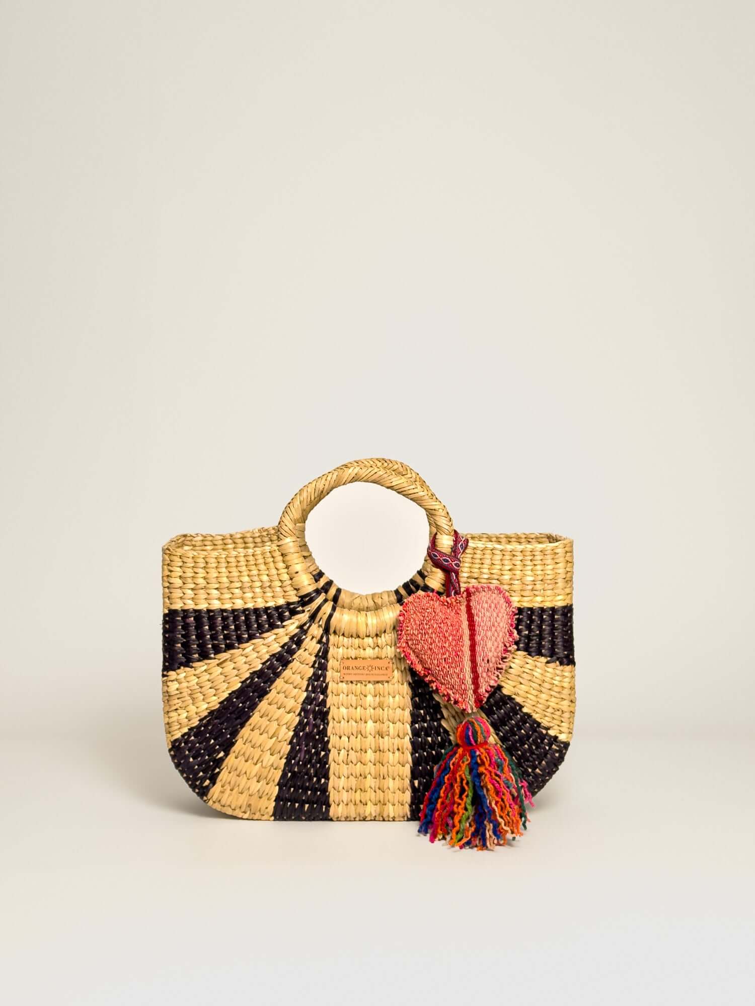 Orange Inca Gran Fiesta luxury straw tote with tassel - bohemian beach bag | Black and Natural
