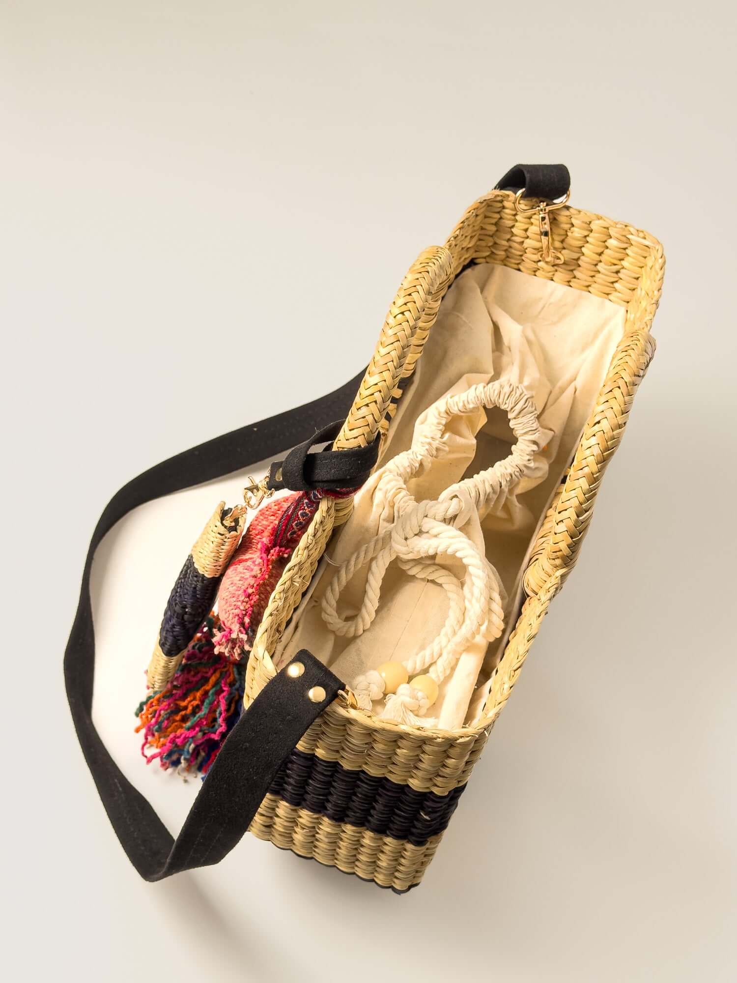 Inside Gran Fiesta reed tote with drawstring closure - designer market bag |Black and Natural