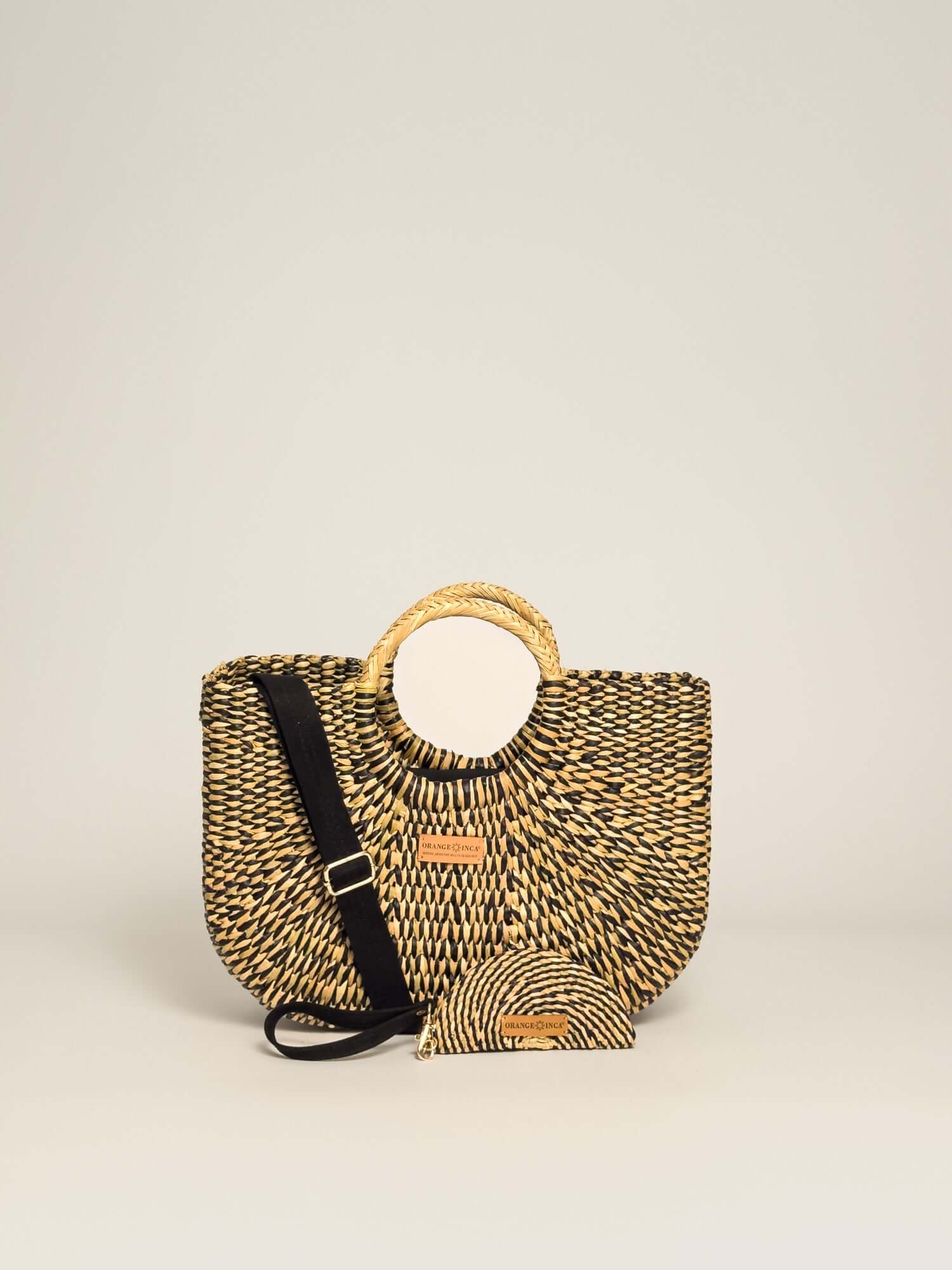 Orange Inca Gran Fiesta handwoven straw tote - sustainable luxury beach bag |Black Marbled