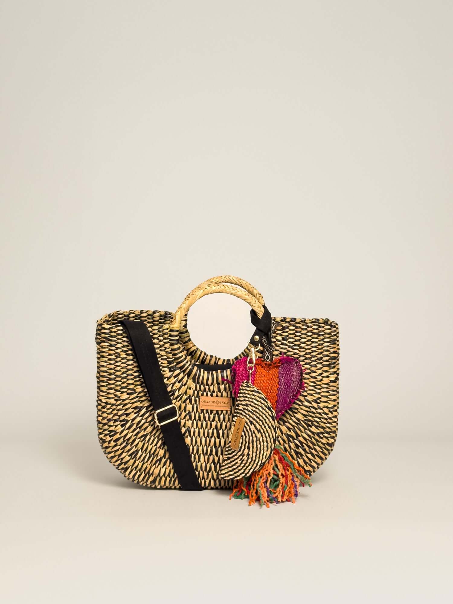 Orange Inca Handwoven straw tote with coin purse and tassel |Black Marbled