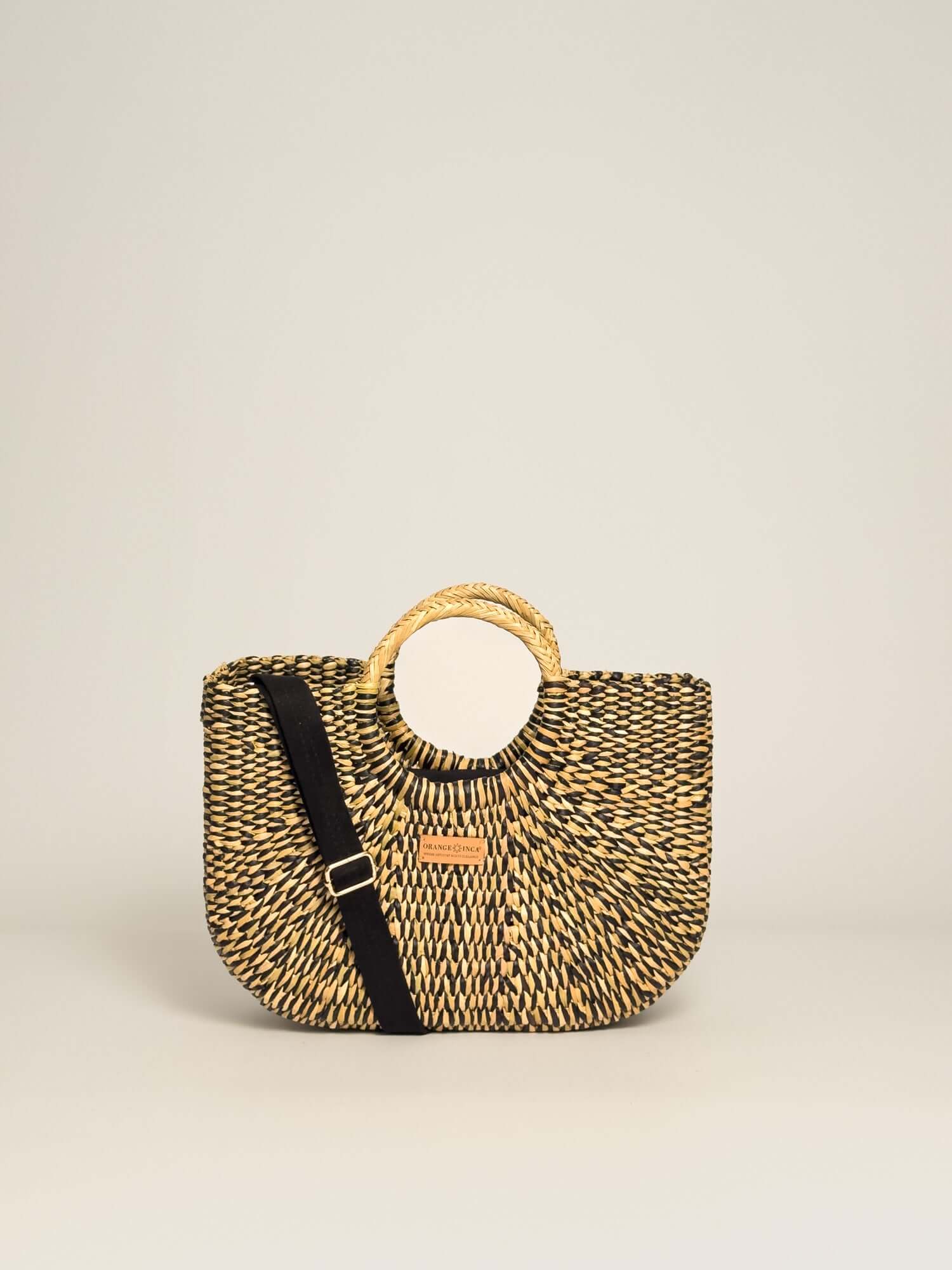 Orange Inca Gran Fiesta luxury straw tote with tassel - bohemian beach bag | Black Marbled