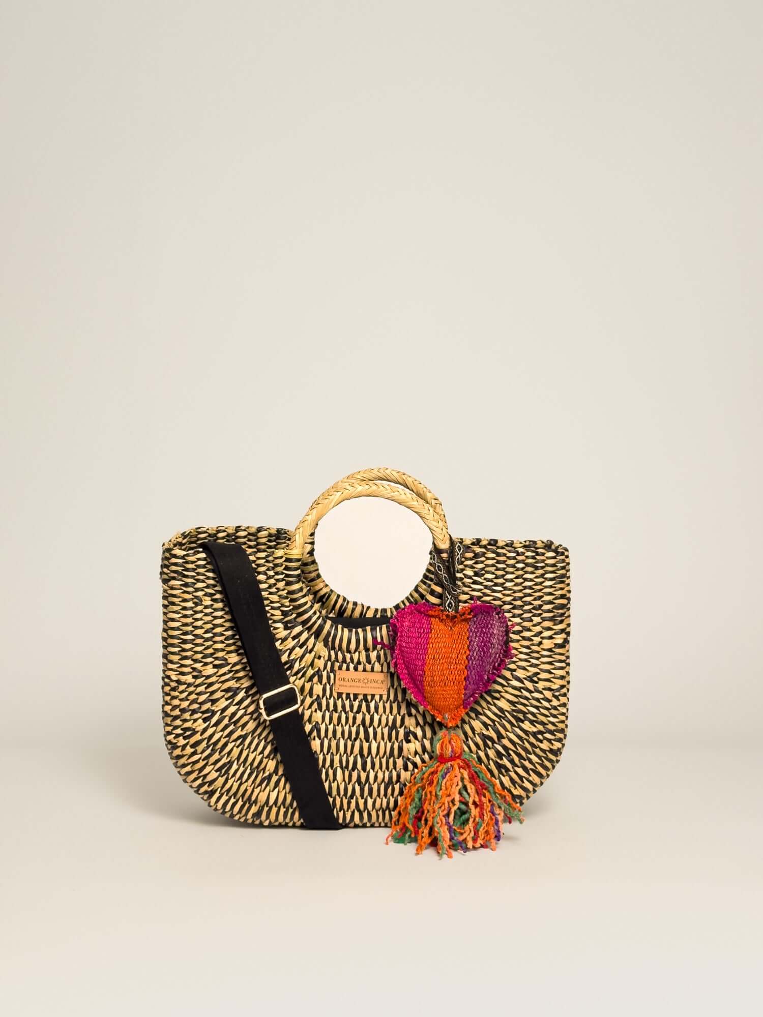 Orange Inca Handwoven straw tote with coin purse|Black Marbled