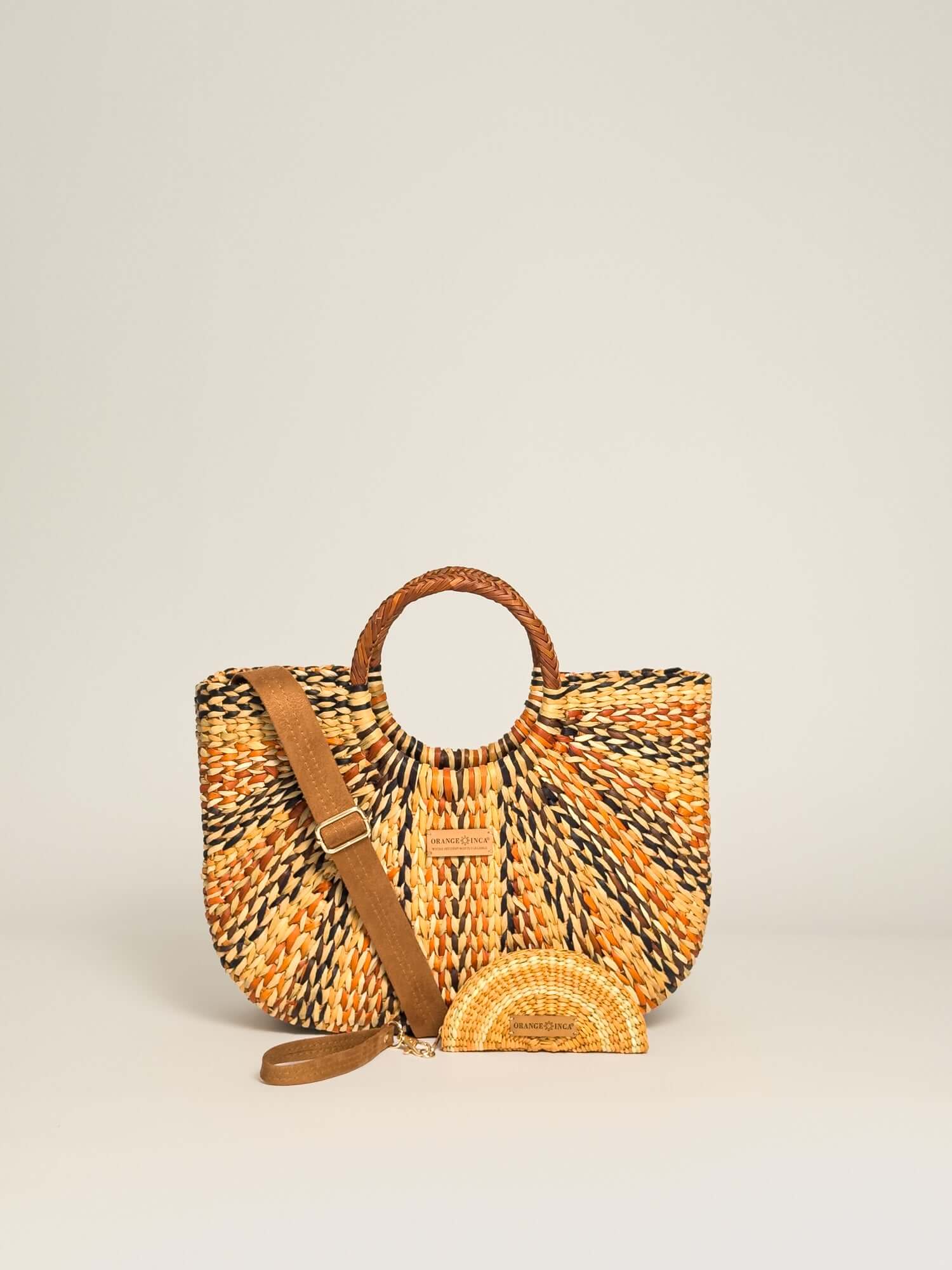 Orange Inca Gran Fiesta handwoven straw tote - sustainable luxury beach bag |Brown and Natural Marbled