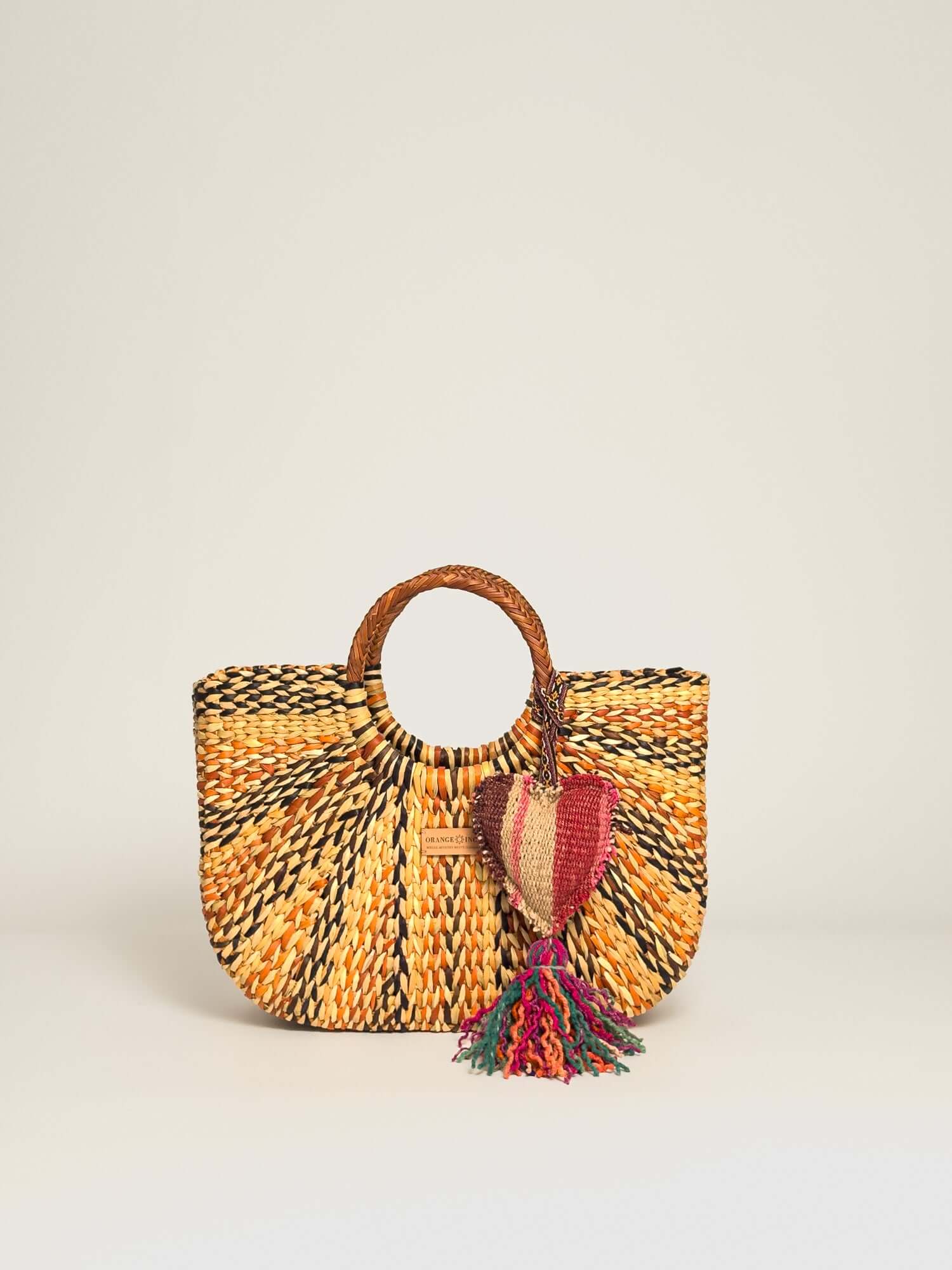 Orange Inca Gran Fiesta luxury straw tote with tassel - bohemian beach bag | Brown and Natural Marbled