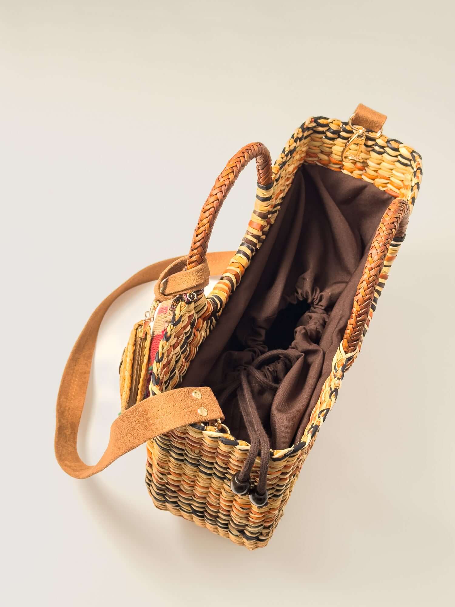 Inside Gran Fiesta reed tote with drawstring closure - designer market bag |Brown and Natural Marbled