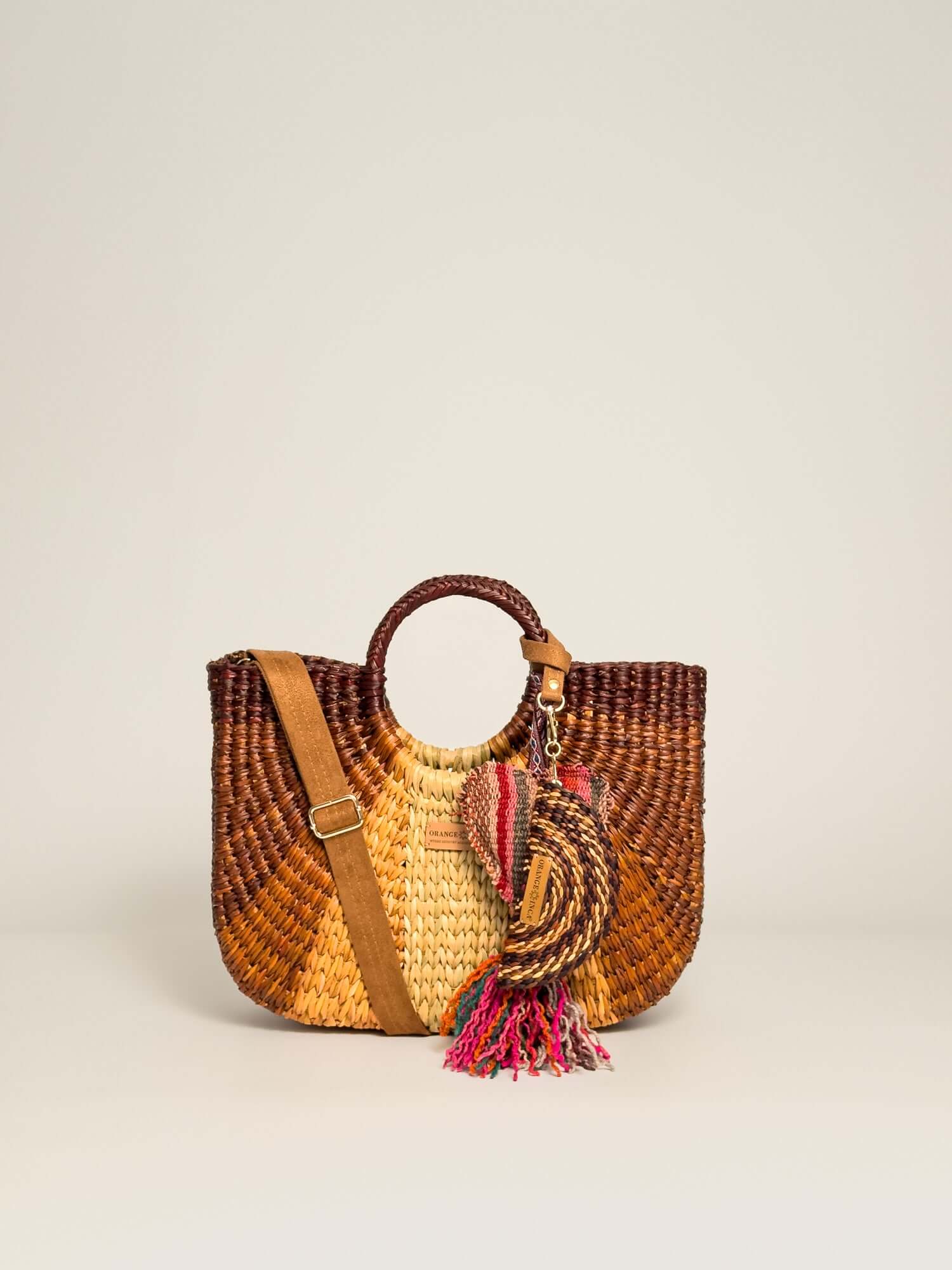 Orange Inca Handwoven straw tote with coin purse and tassel |Brown and Natural