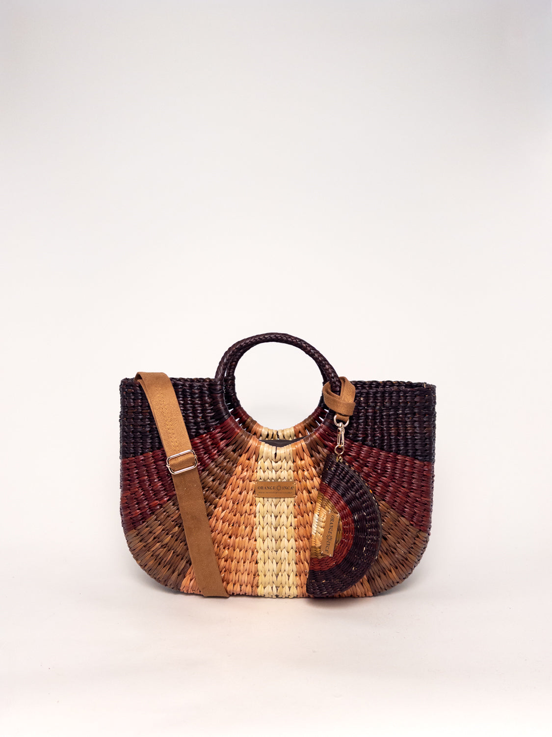 Gran Fiesta Crossbody Tote - Striped Browns and Natural, handwoven junco tote bag, structured handbag, with handles and adjustable strap.
