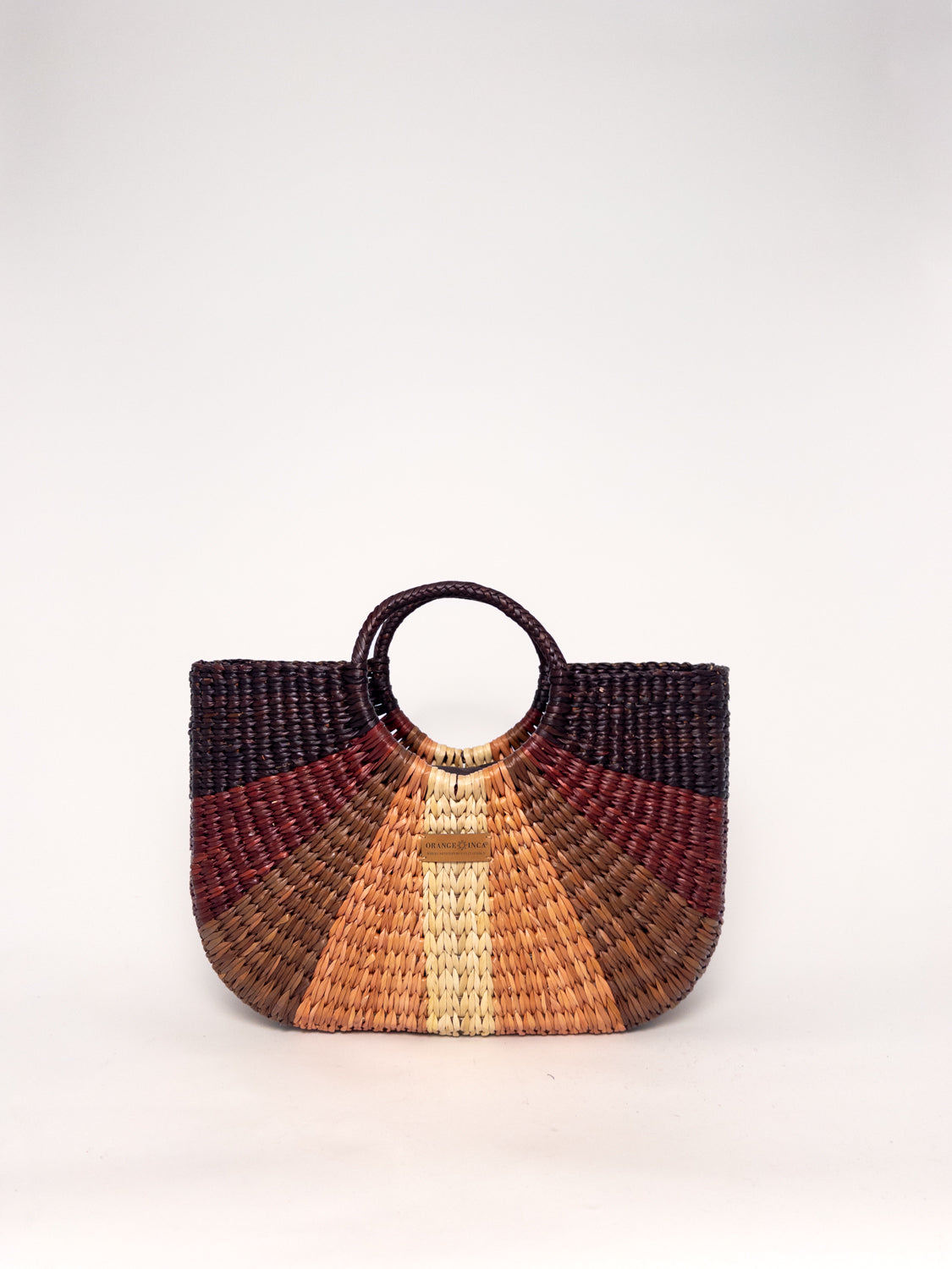 Gran Fiesta Crossbody Tote - Striped Browns and Natural, handwoven junco tote bag with structured handles and natural fibres.